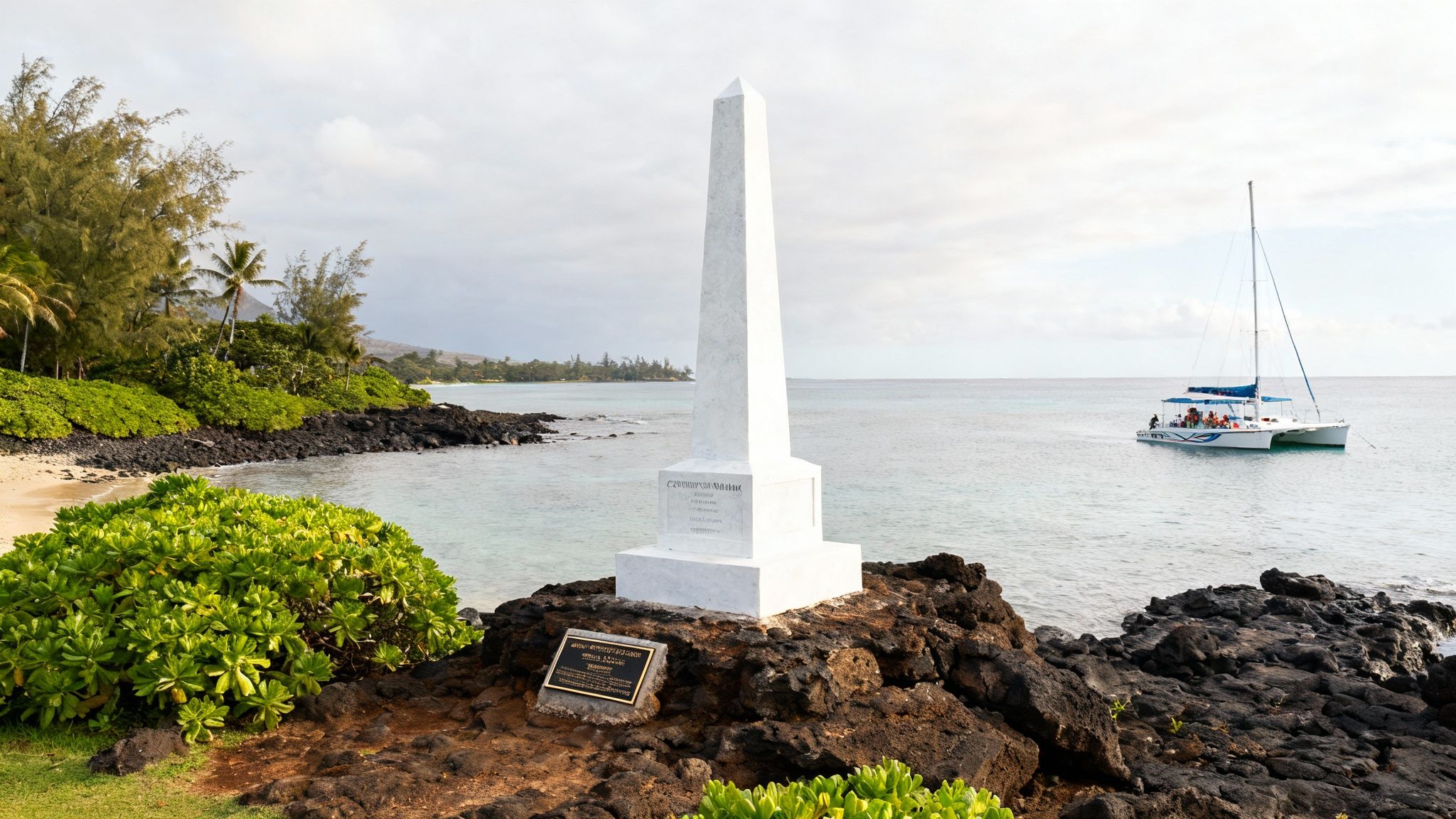 Captain Cook monument on a rocky Hawaiian coast with a sandy beach and catamaran.