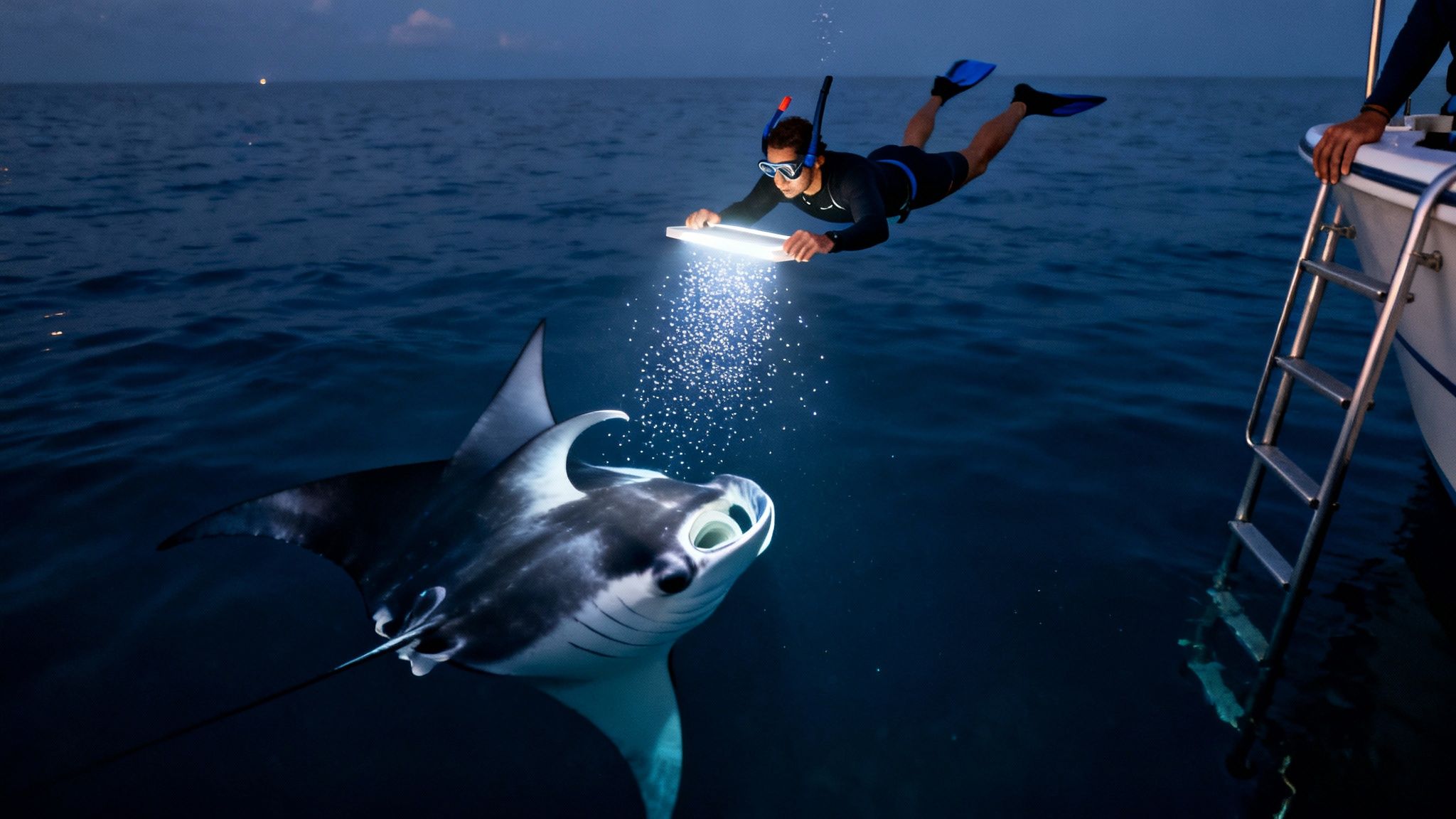 A snorkeler shines a bright light on a majestic manta ray during a night swim.