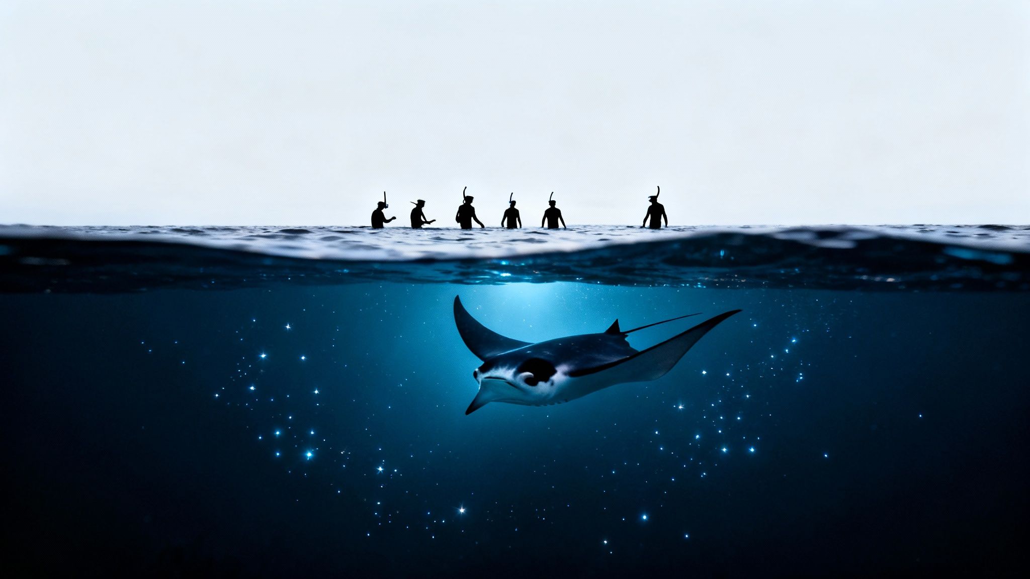 Split shot of snorkelers on the ocean surface and a majestic manta ray swimming among bioluminescent plankton underwater.