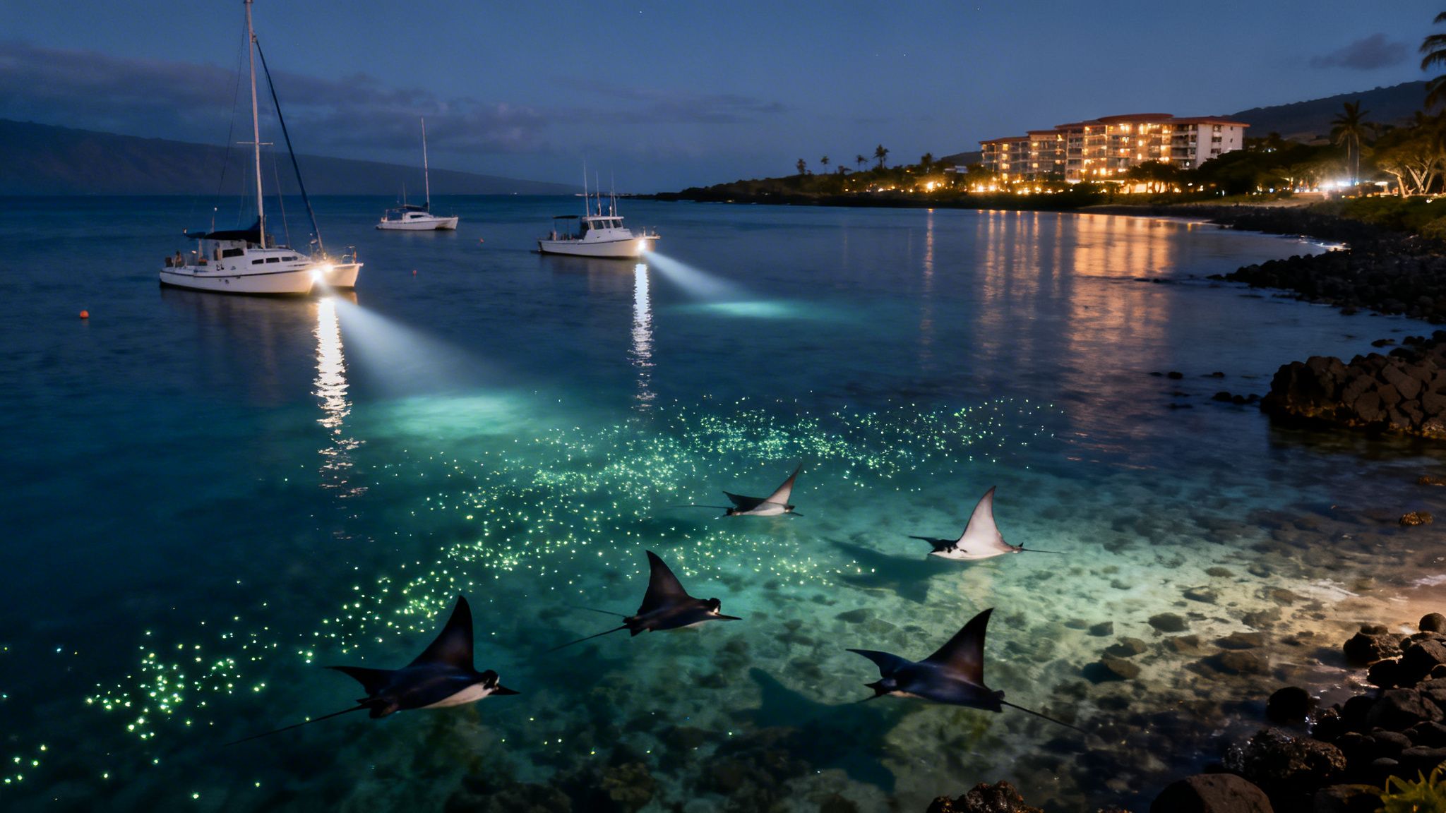 Manta rays swim in bioluminescent water at night, illuminated by boat lights near a resort.