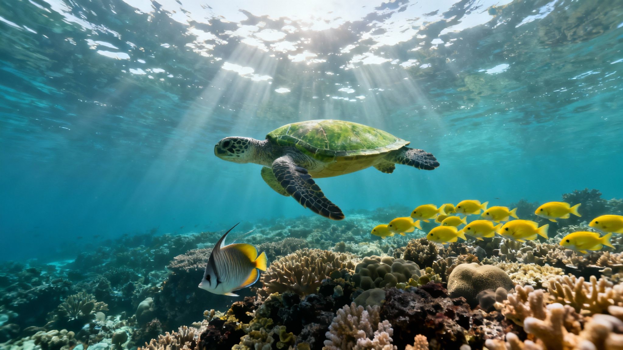 A green sea turtle swims above a vibrant coral reef, with sun rays piercing the clear blue water.