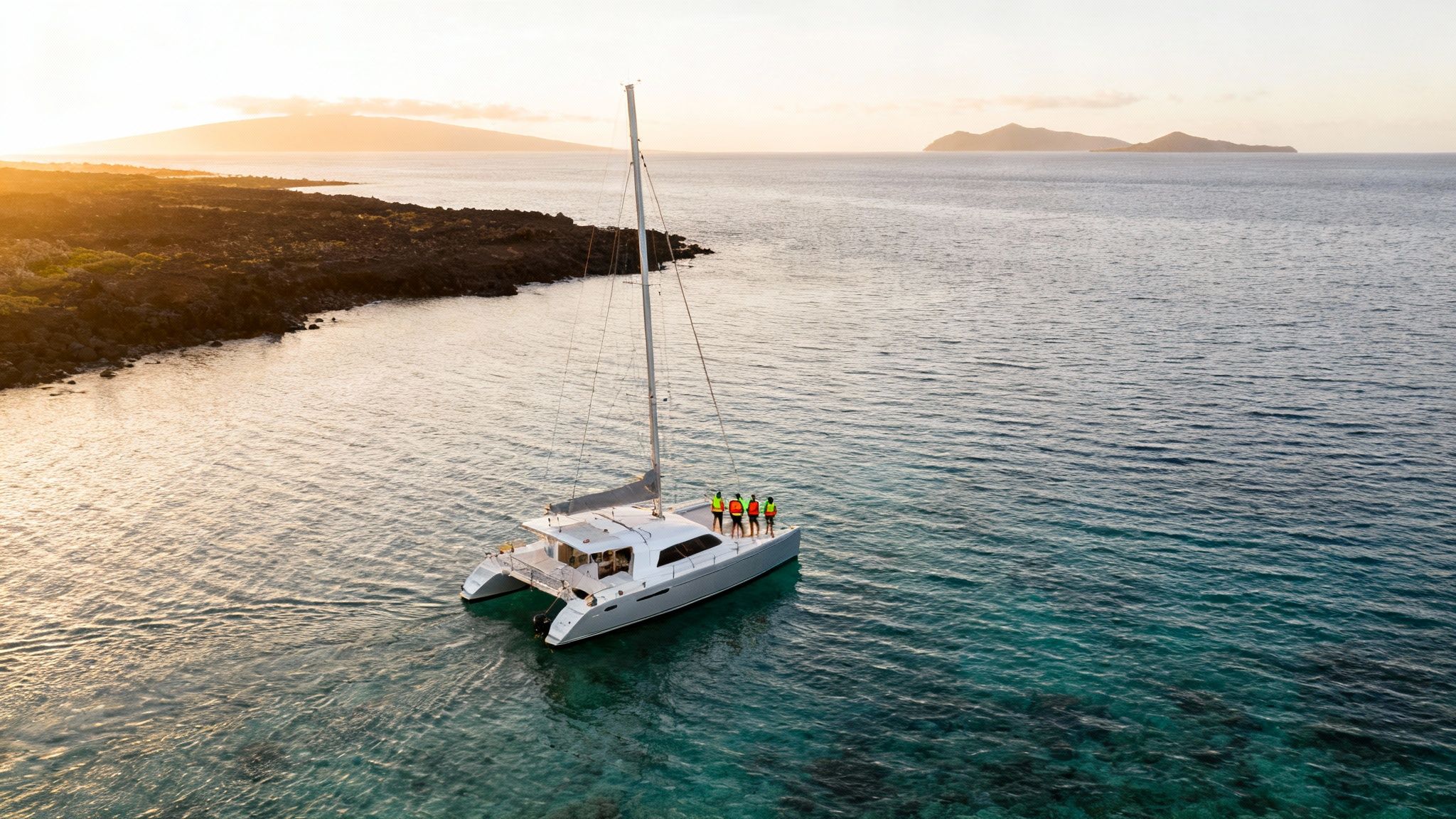 Aerial view of a catamaran with people on deck sailing near a volcanic coastline at sunset.