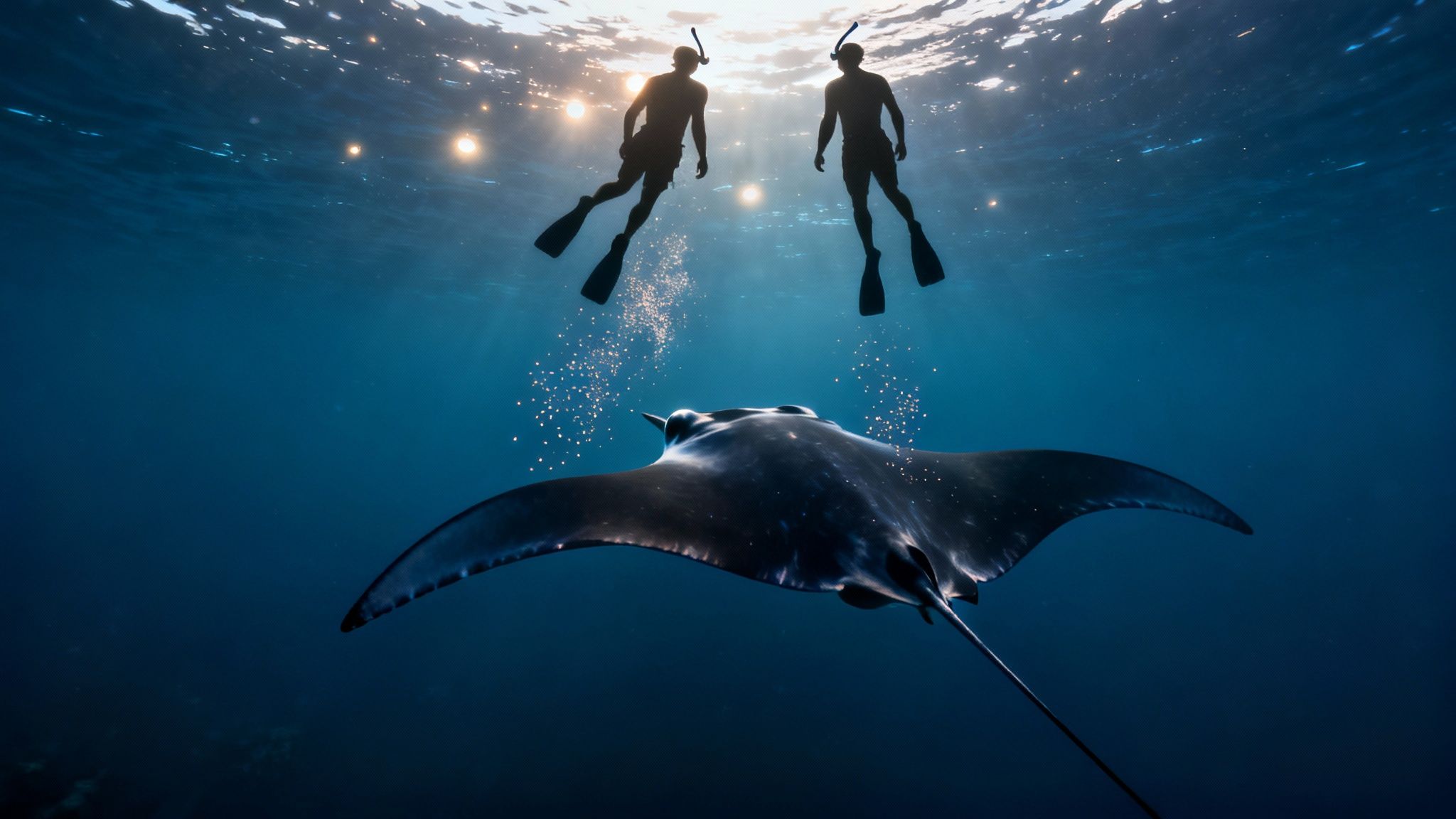 Two snorkelers, silhouetted against the sunlit surface, observe a large manta ray in clear blue water.