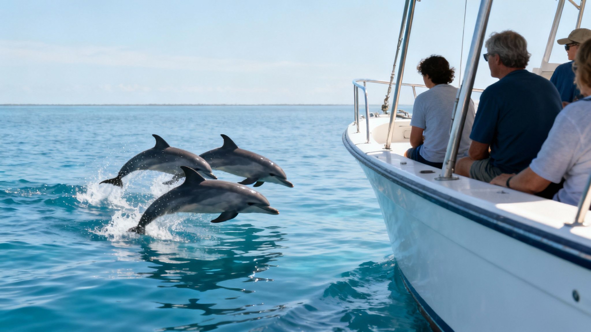 A pod of dolphins swimming in the clear blue waters off the Kona coast