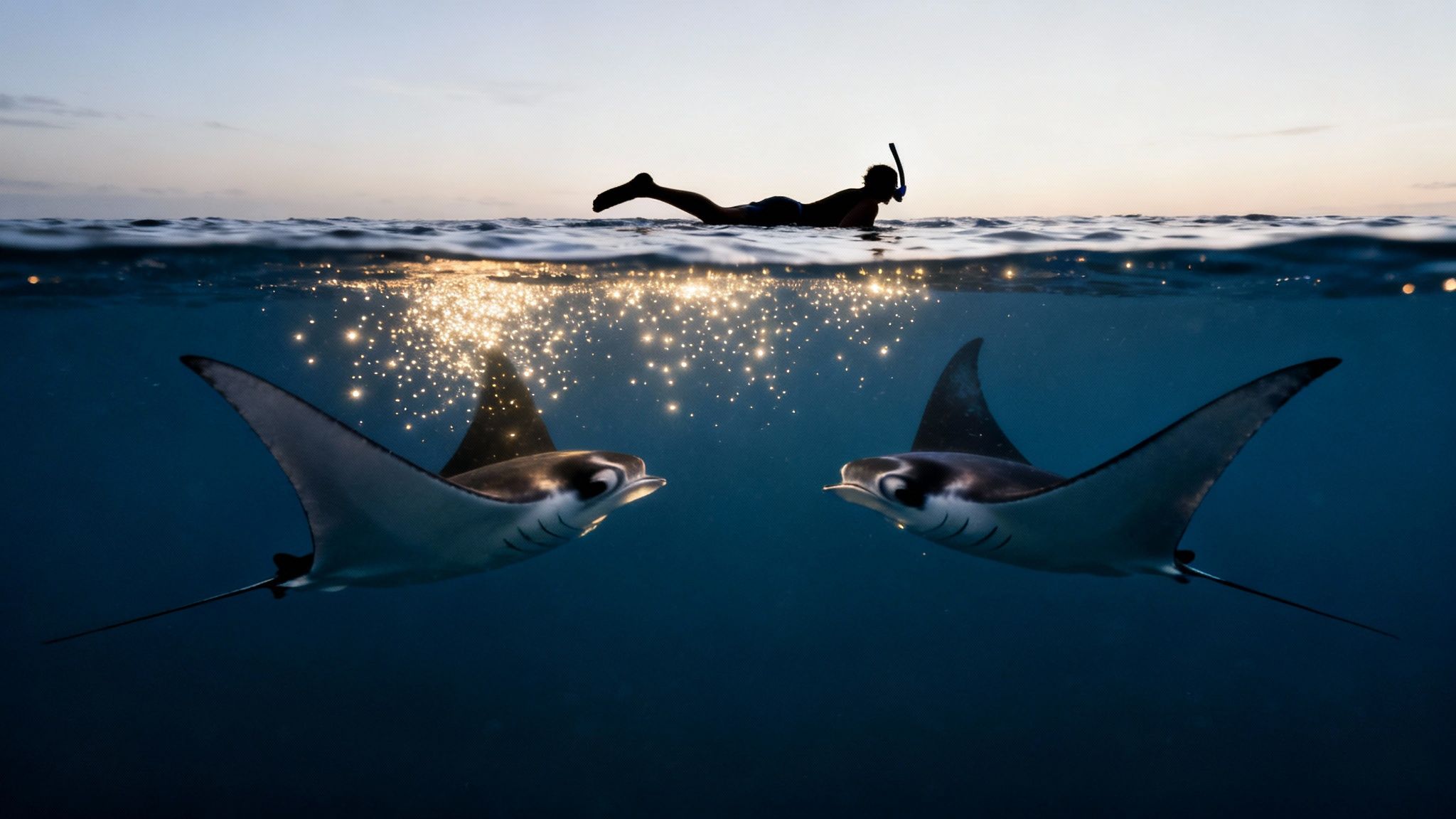 A snorkeler floats above the water as two majestic manta rays swim gracefully below the surface at sunset.