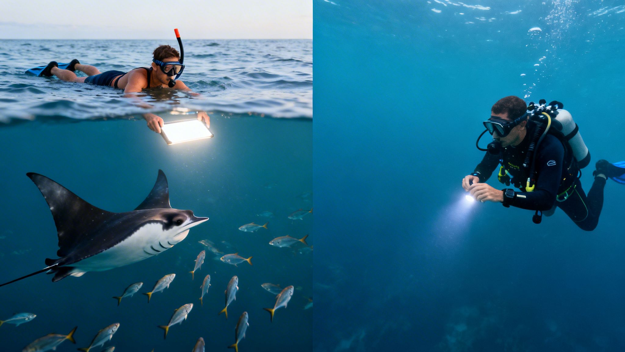 A split image shows a snorkeler illuminating a manta ray, and a scuba diver exploring with a flashlight underwater.
