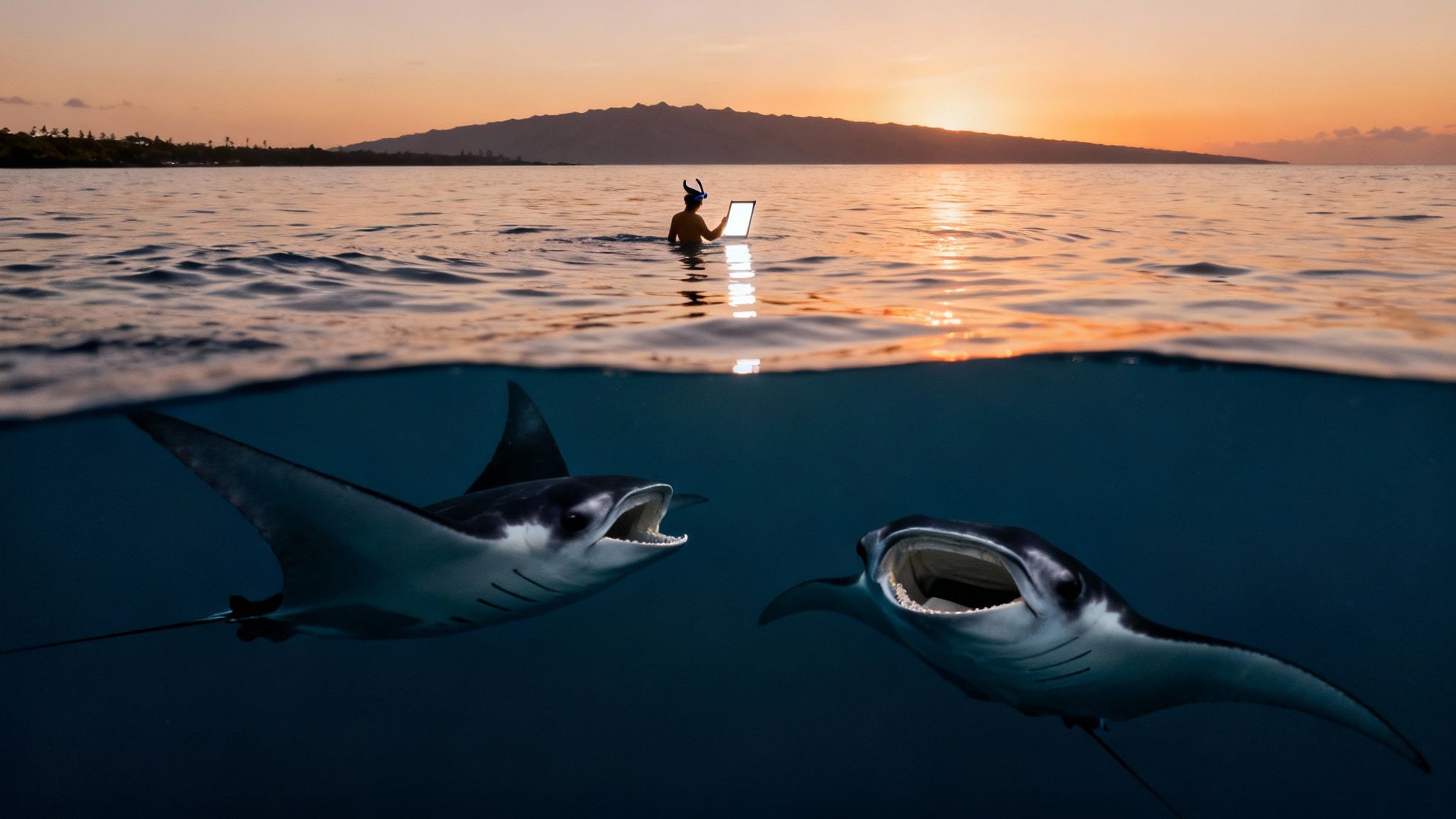 A person with a snorkel mask holds a glowing tablet in the ocean at sunset, while two manta rays swim below.
