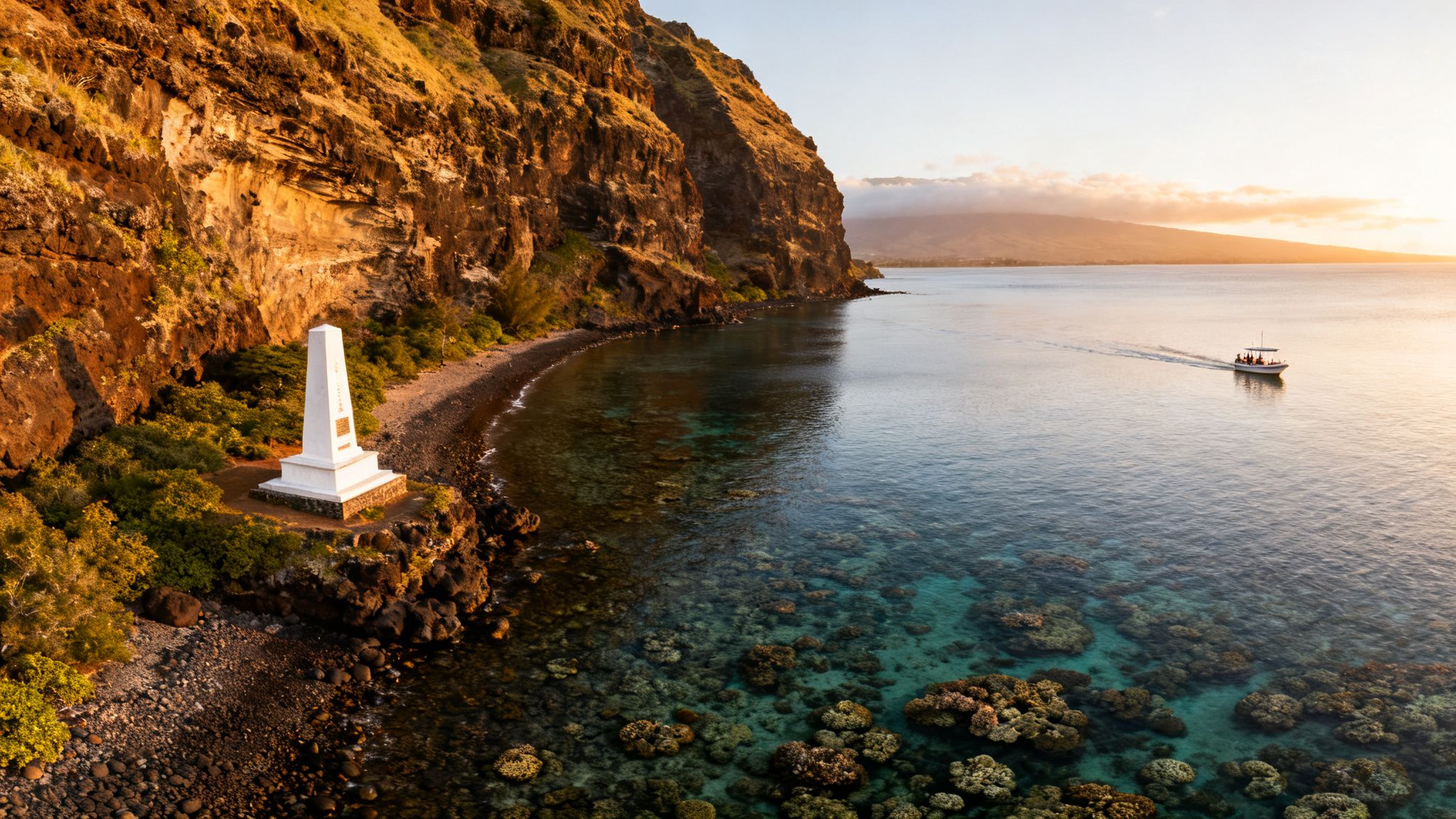 Aerial view of a white monument on a rocky Hawaiian coastline with cliffs, clear water, and a boat at sunset.