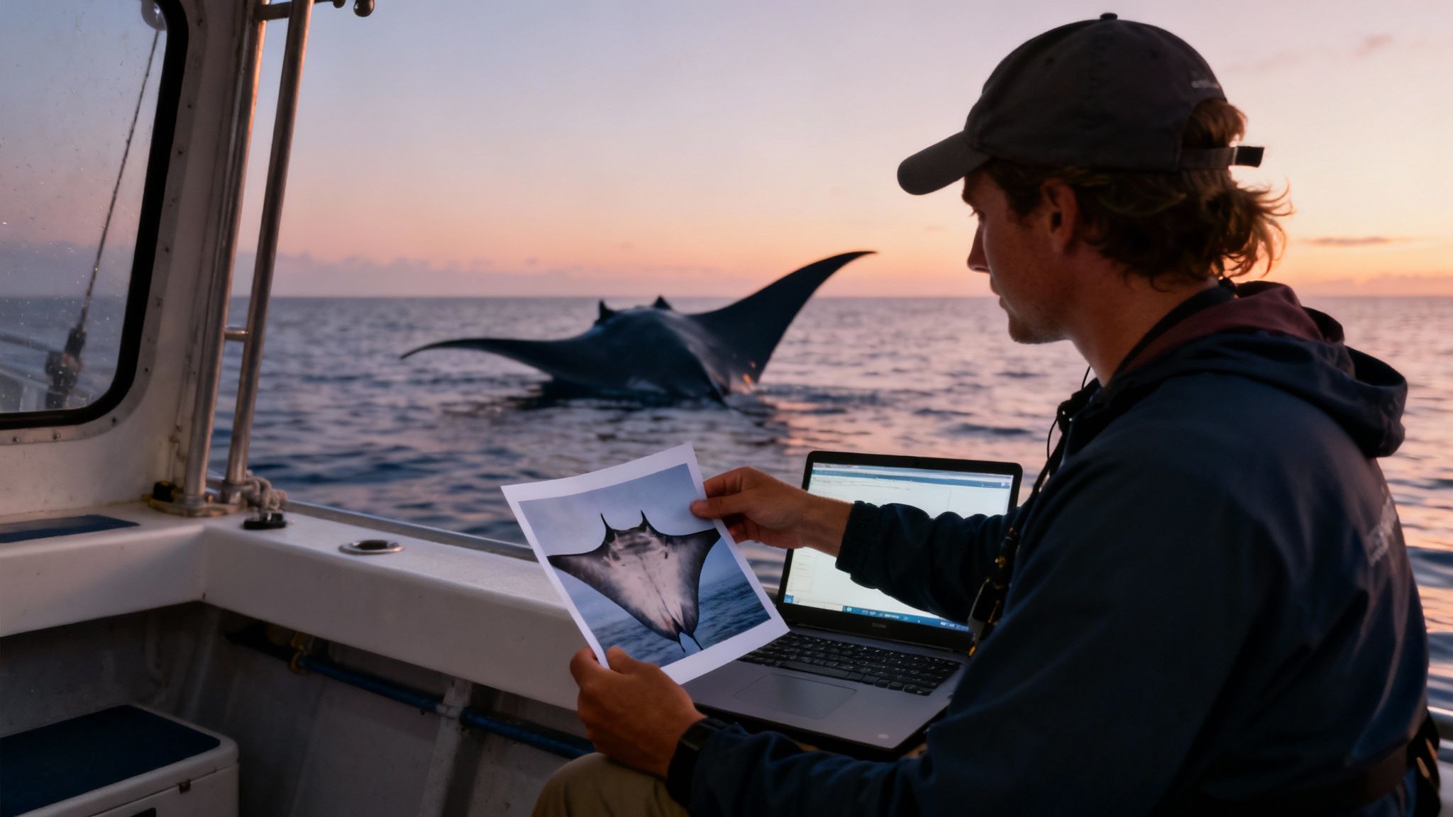 A manta ray glides gracefully through the dark ocean, illuminated by lights from above.