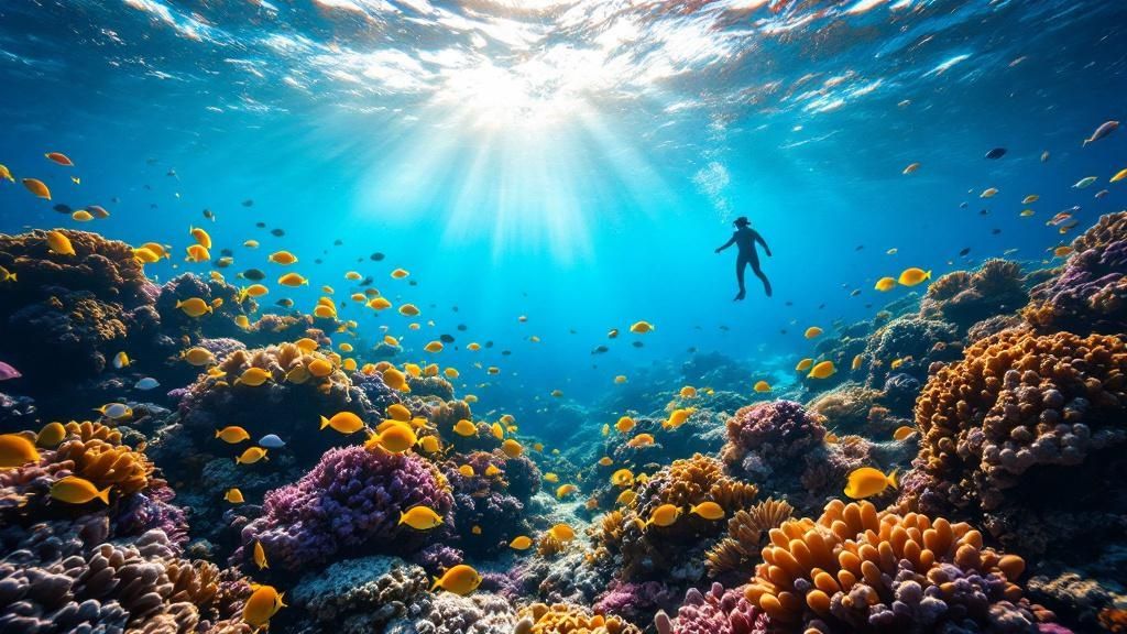 A Hawaiian green sea turtle swims gracefully near a vibrant coral reef.