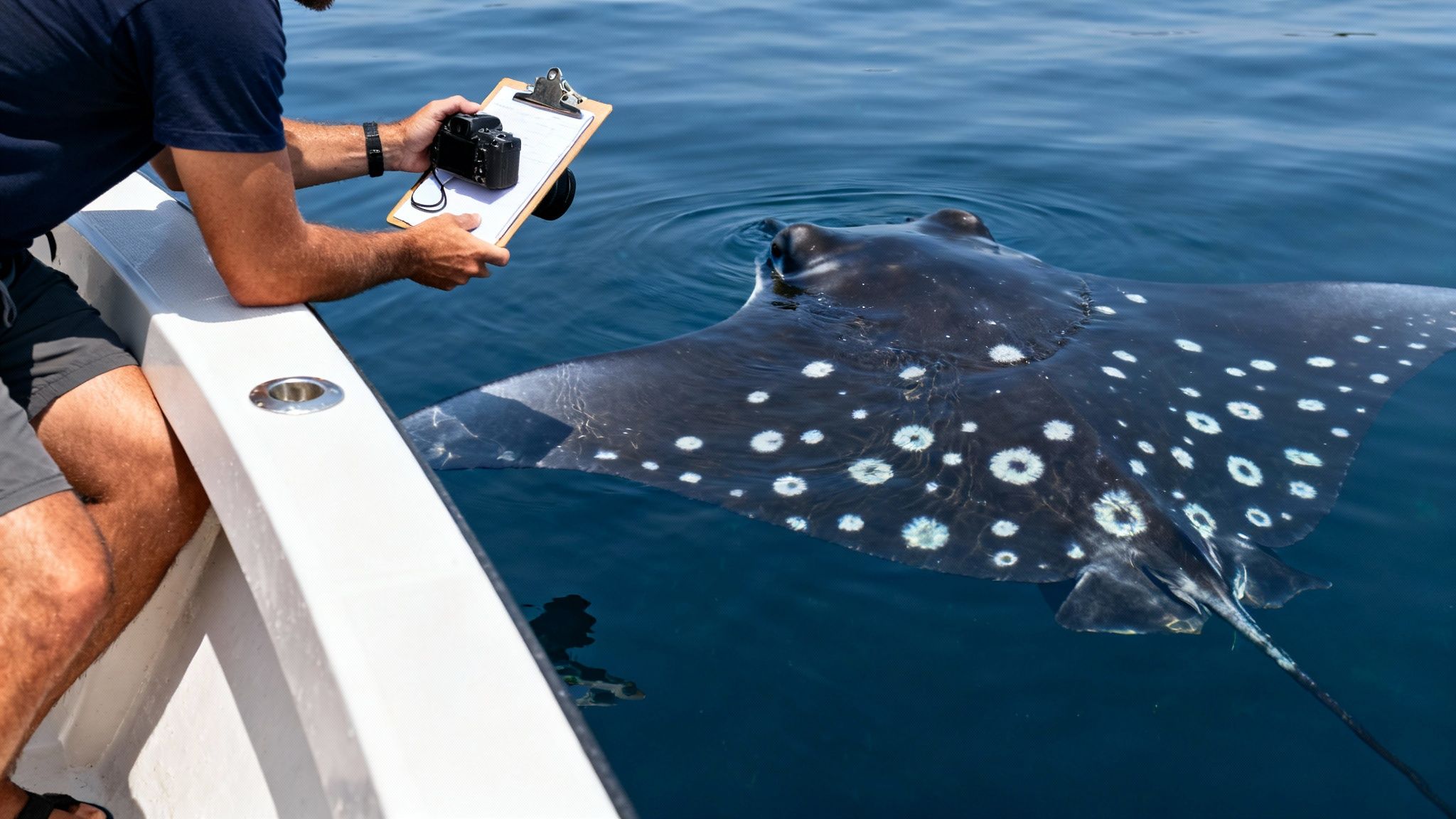 A person on a boat observes a spotted manta ray in clear blue water, holding a clipboard and camera.