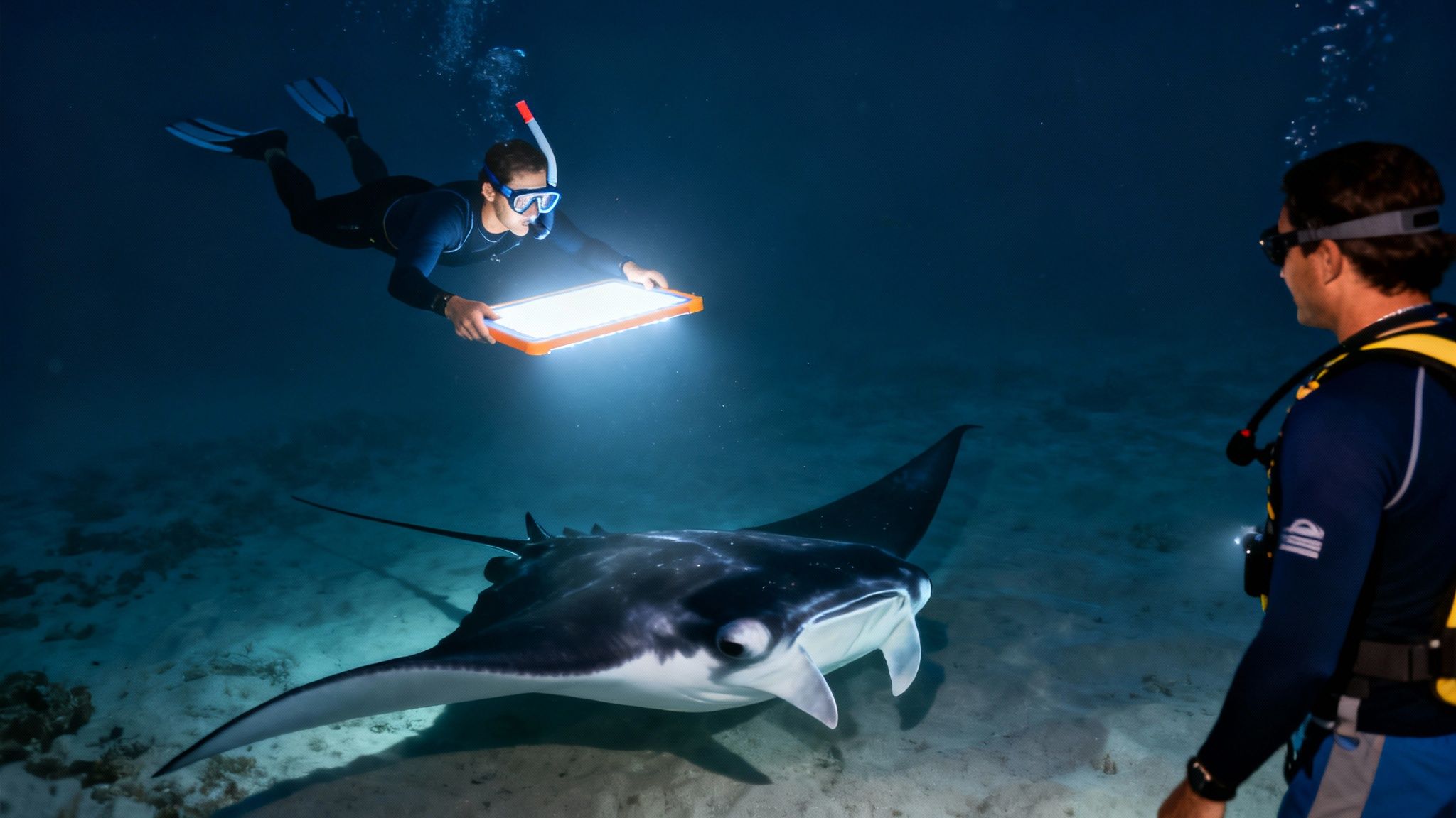 A snorkeler illuminates a magnificent manta ray with an underwater light, observed by a diver.
