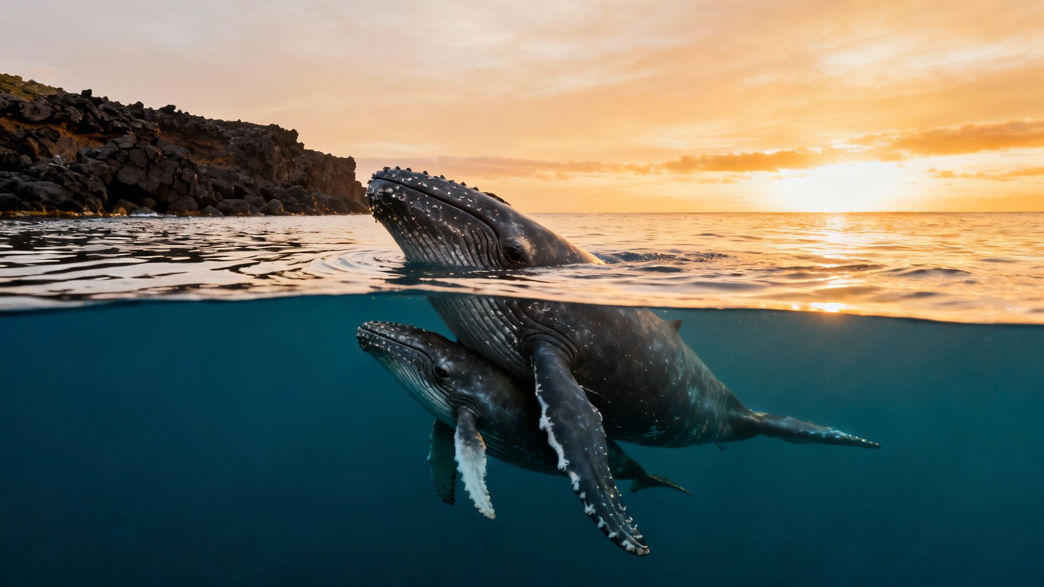 A humpback whale and calf at sunset, half above and half below the ocean surface, near a rocky coast.
