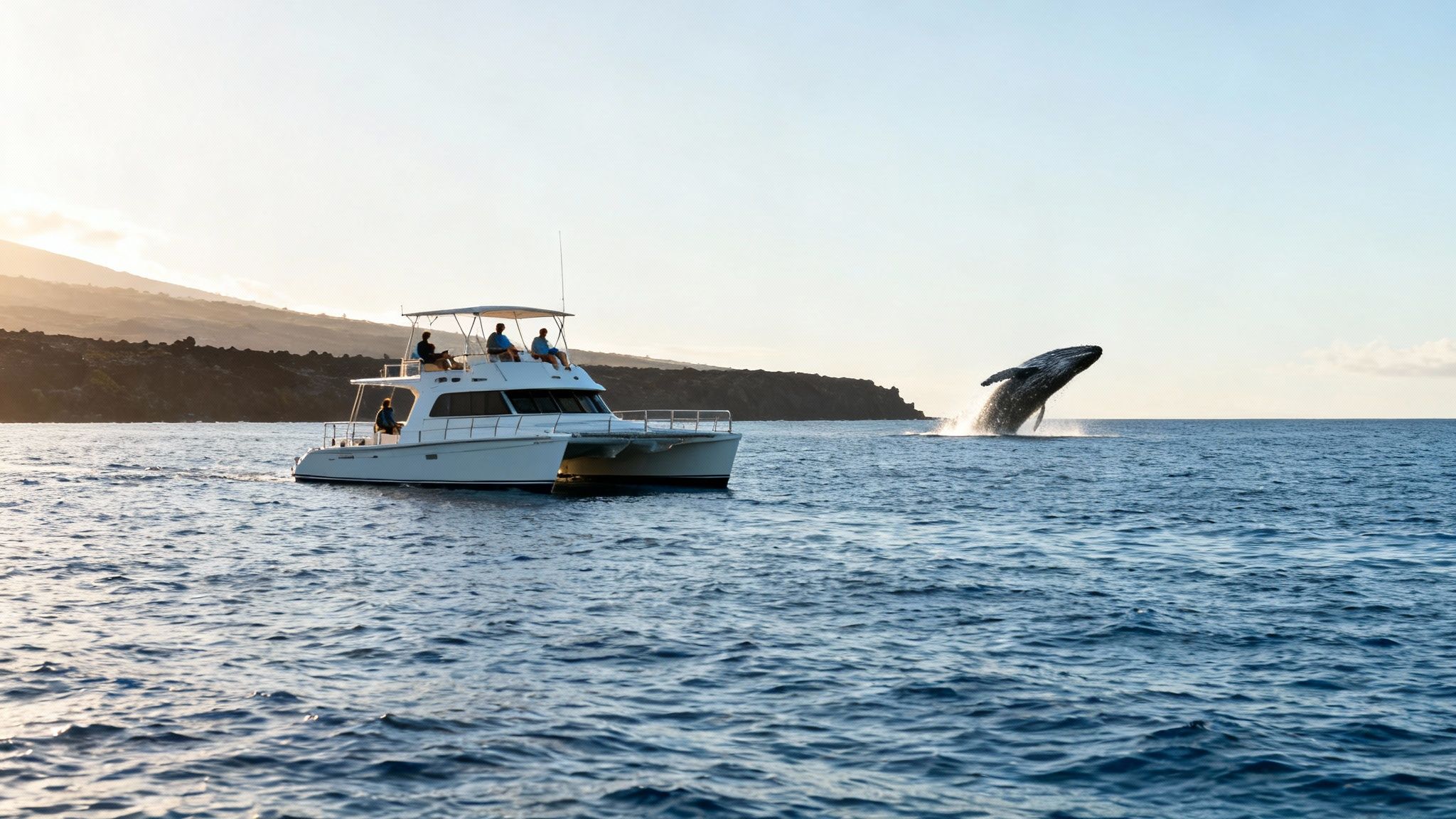 A majestic whale breaches from the ocean near a catamaran full of whale watchers at sunset.