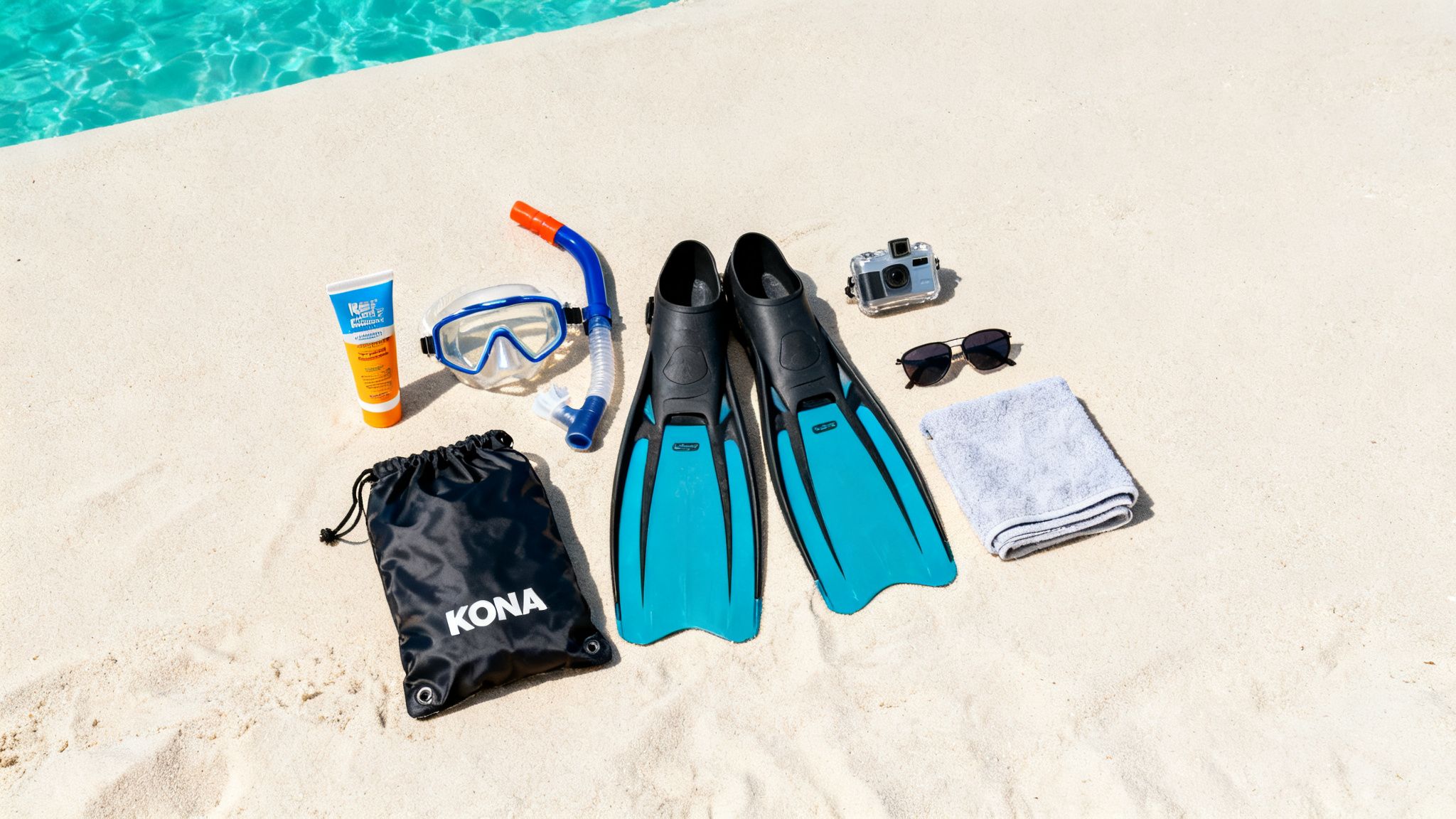 Snorkeling gear, sunscreen, camera, sunglasses, and a towel laid out on sand next to blue water.