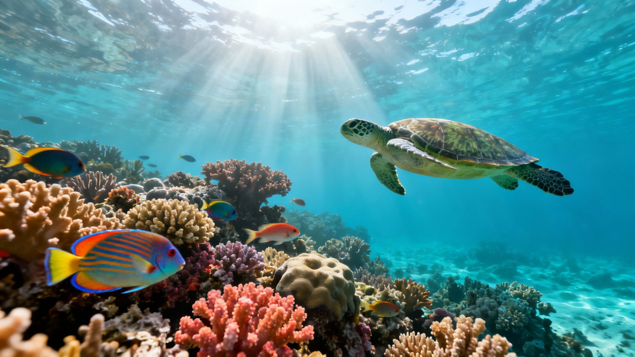 A green sea turtle swims above a vibrant coral reef with colorful fish and sun rays.