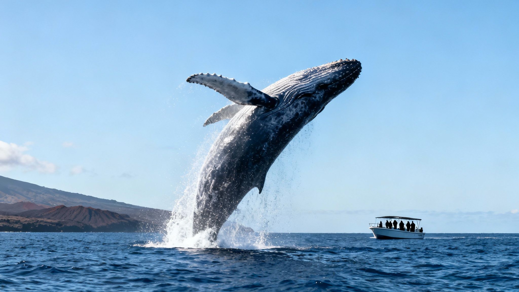A majestic humpback whale breaches spectacularly from the deep blue ocean near a tour boat and volcanic island.