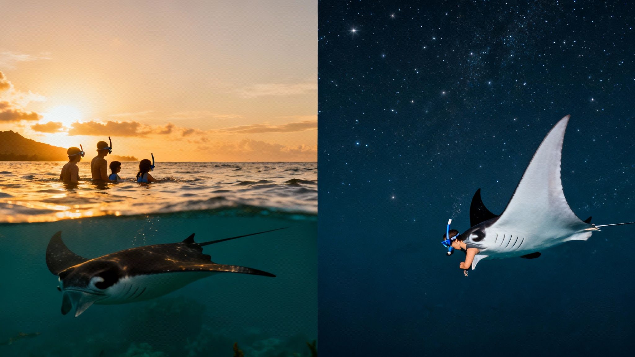 People snorkeling with manta rays during sunset on one side and under a starry night sky on the other.