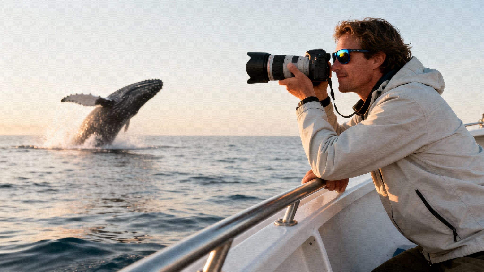 Man on boat photographing a breaching humpback whale with a large lens at sunset.