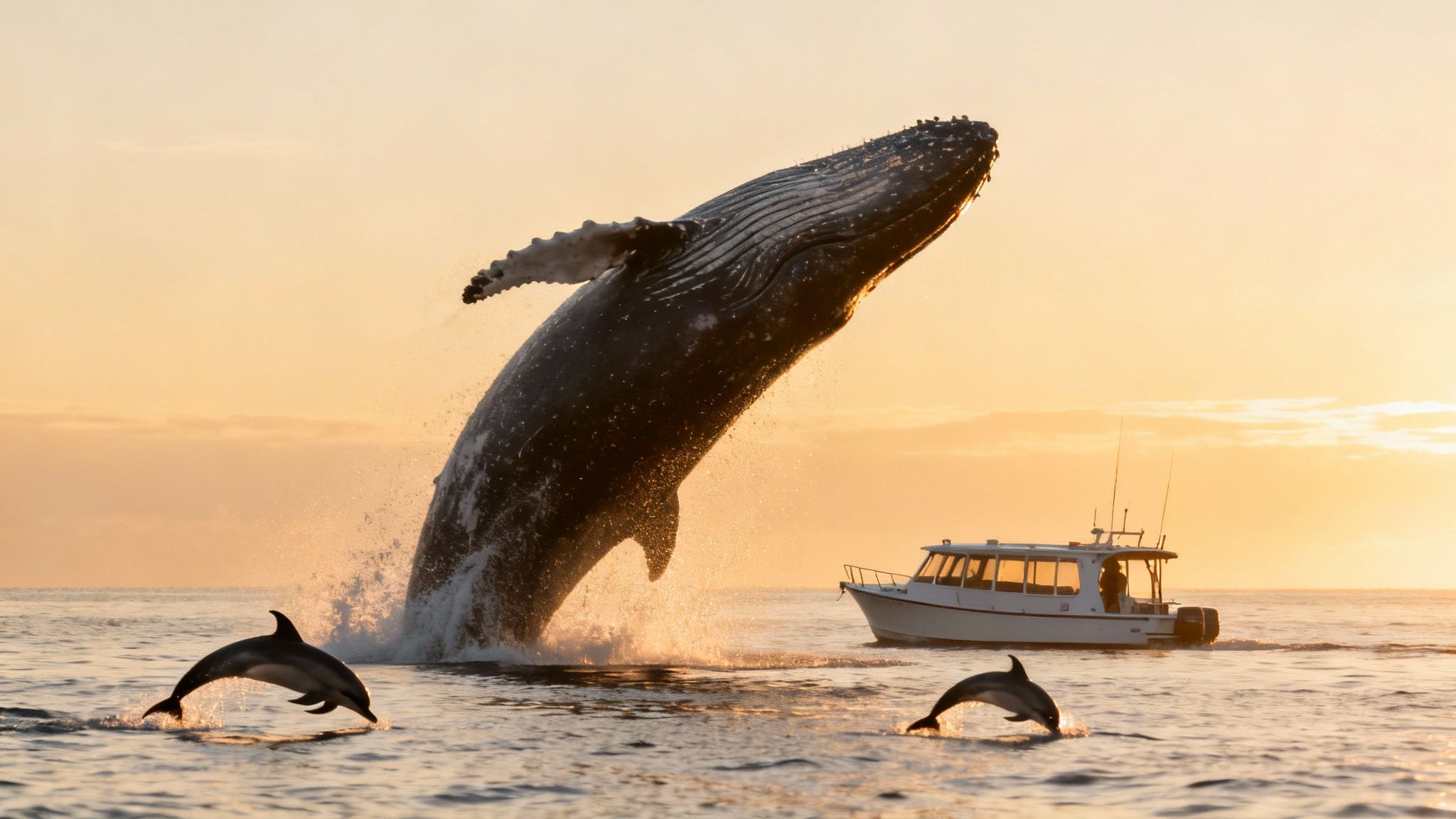 A majestic humpback whale breaches with two dolphins near a boat during a golden sunset.
