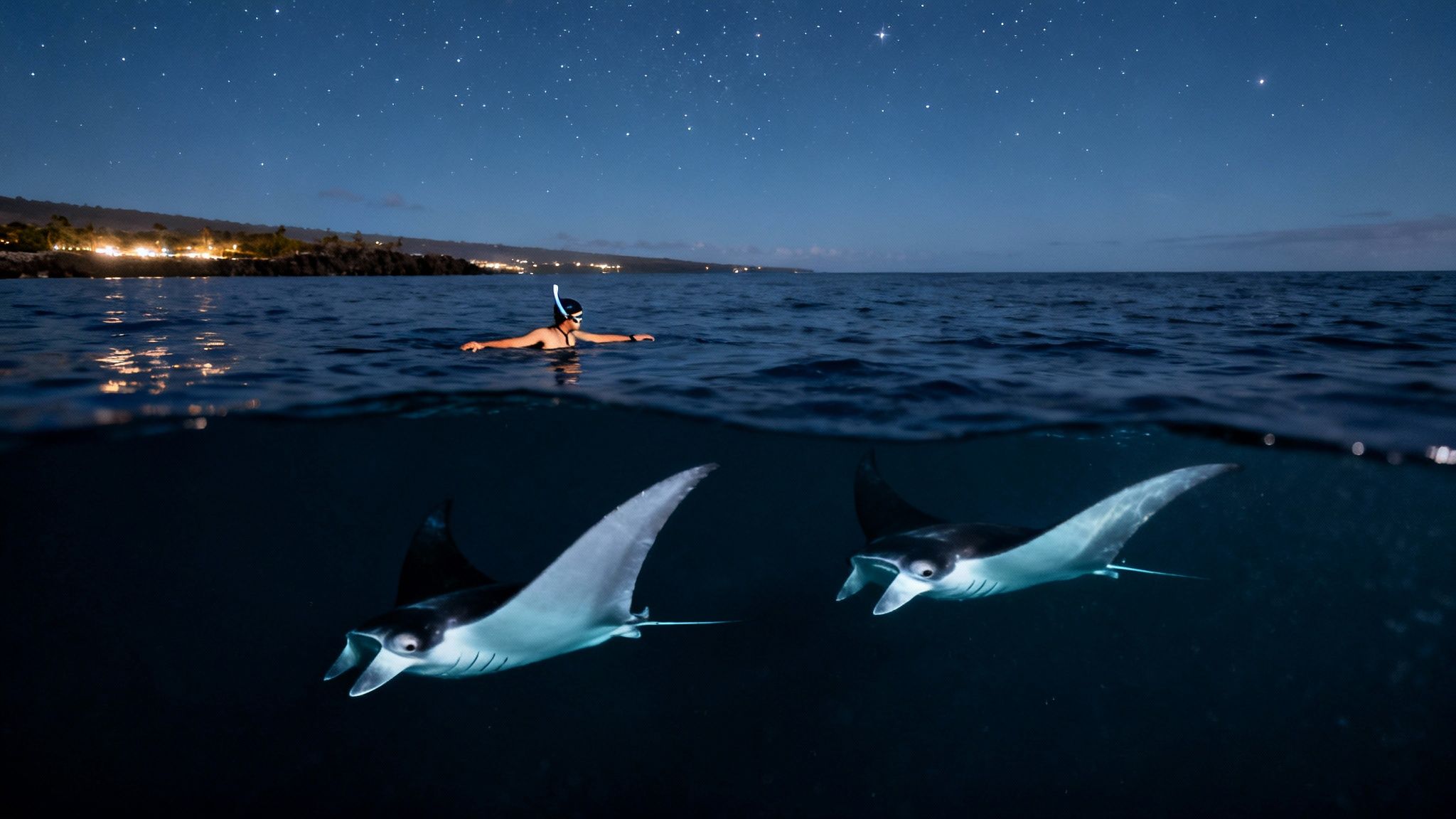 A person snorkels under a starry night sky with two manta rays swimming beneath them.