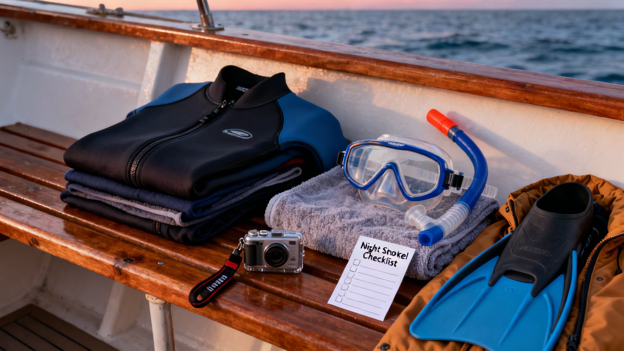 Snorkeling gear including wetsuits, mask, snorkel, fins, and camera laid on a boat deck at sunset.