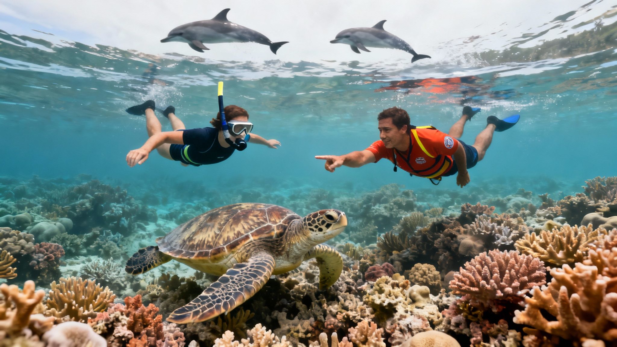 Snorkelers explore an underwater coral reef with a sea turtle and dolphins swimming nearby.