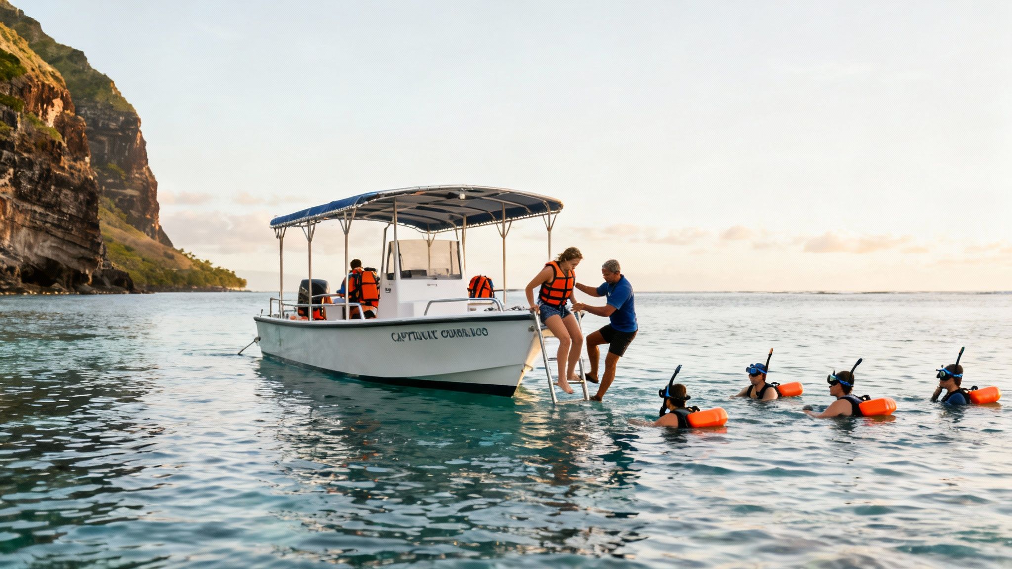 People snorkeling in clear ocean water and boarding a boat near a rocky island.