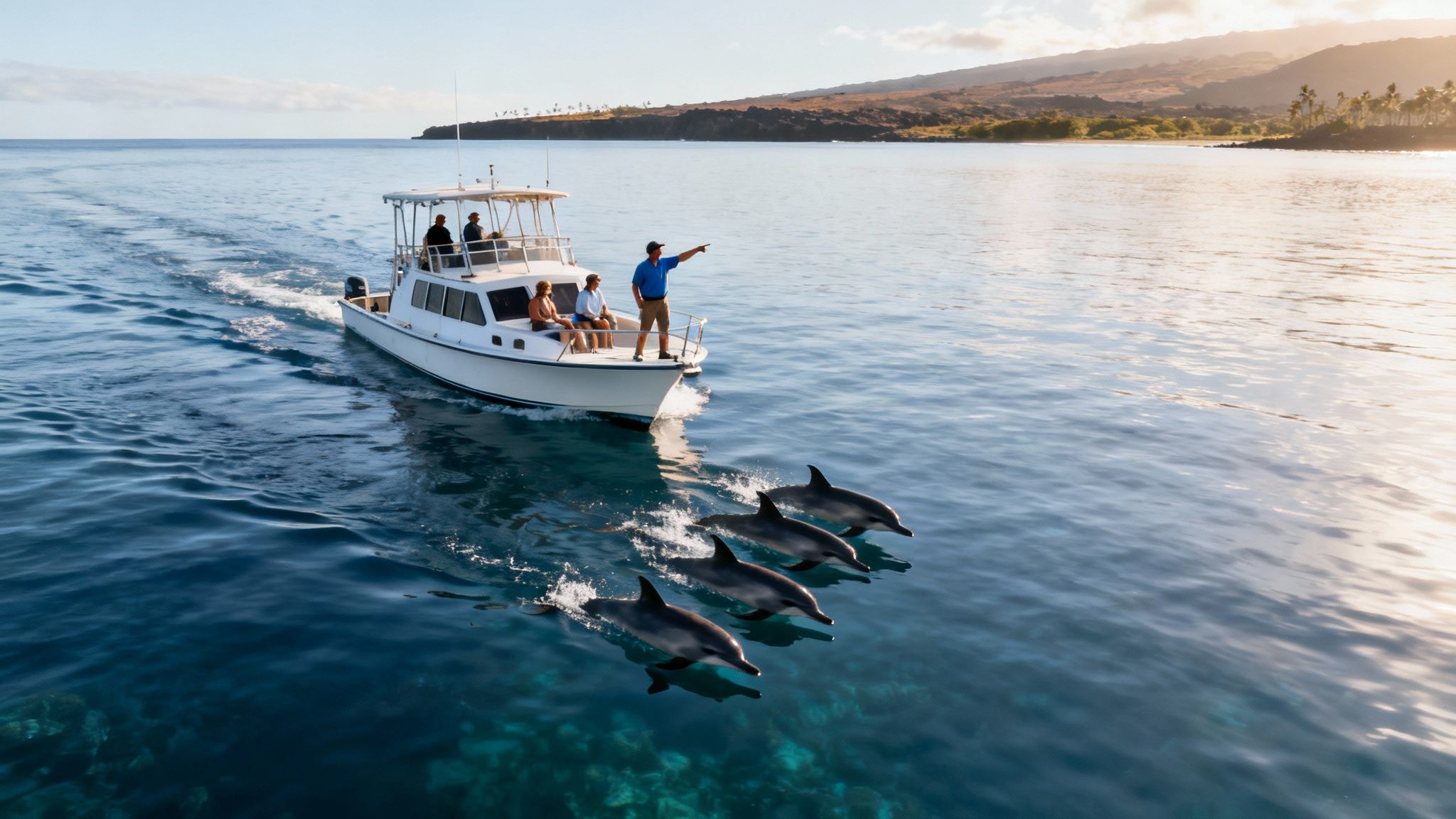A boat carrying people with a guide pointing at four dolphins swimming in clear ocean water.