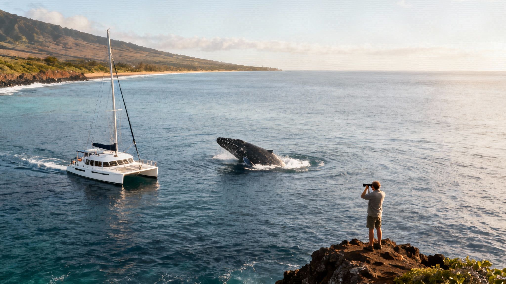A person on a boat films a massive humpback whale breaching nearby.