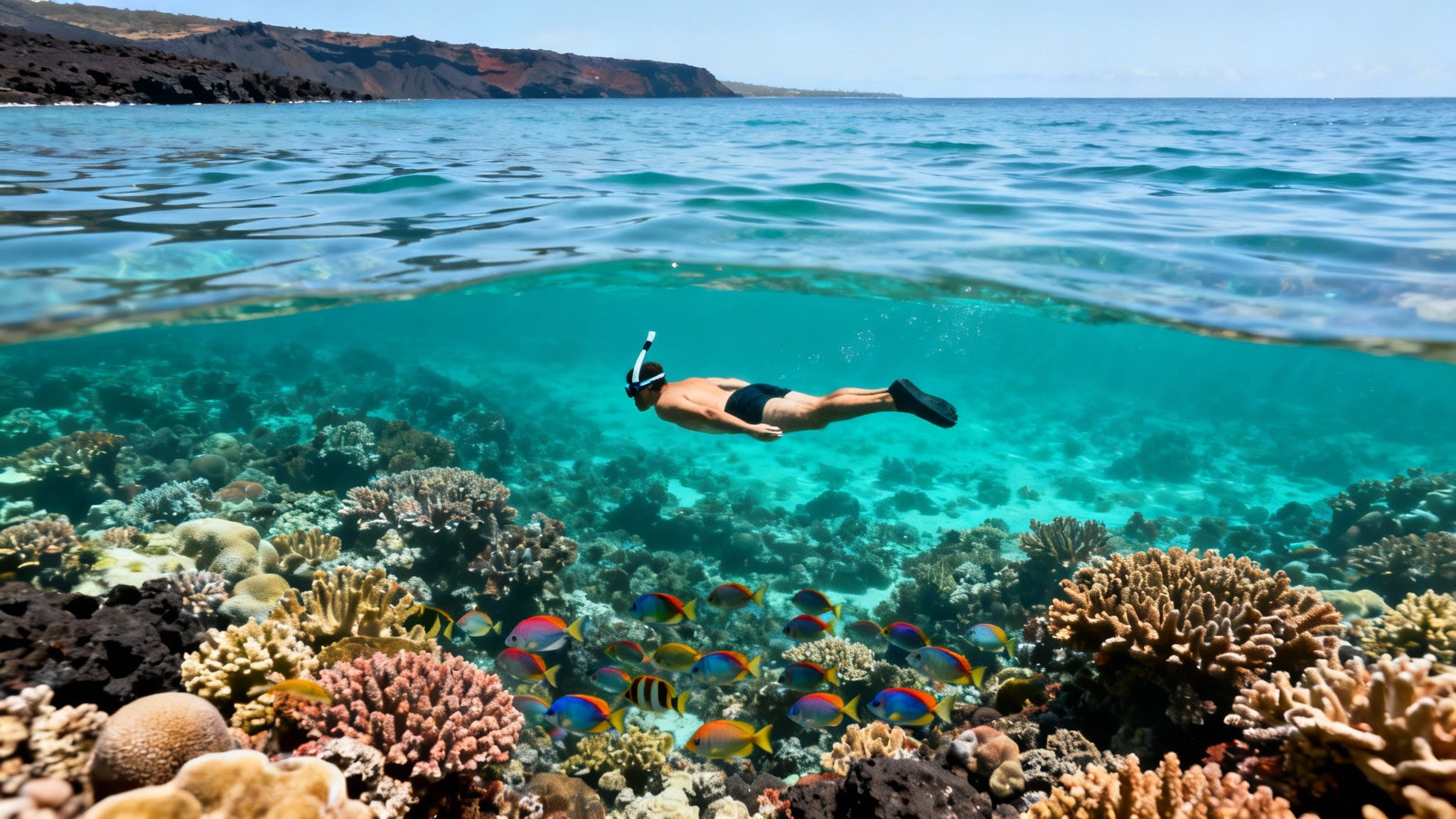 A man snorkeling over a vibrant coral reef teeming with colorful fish near a volcanic island.
