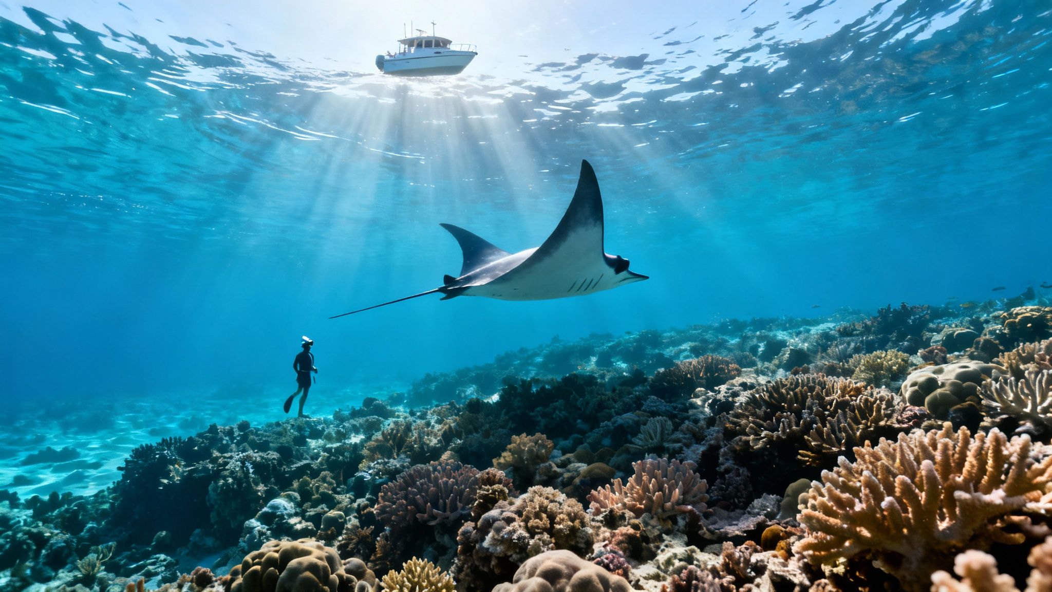 A diver observes a majestic manta ray swimming above a vibrant coral reef, with sun rays from the surface.