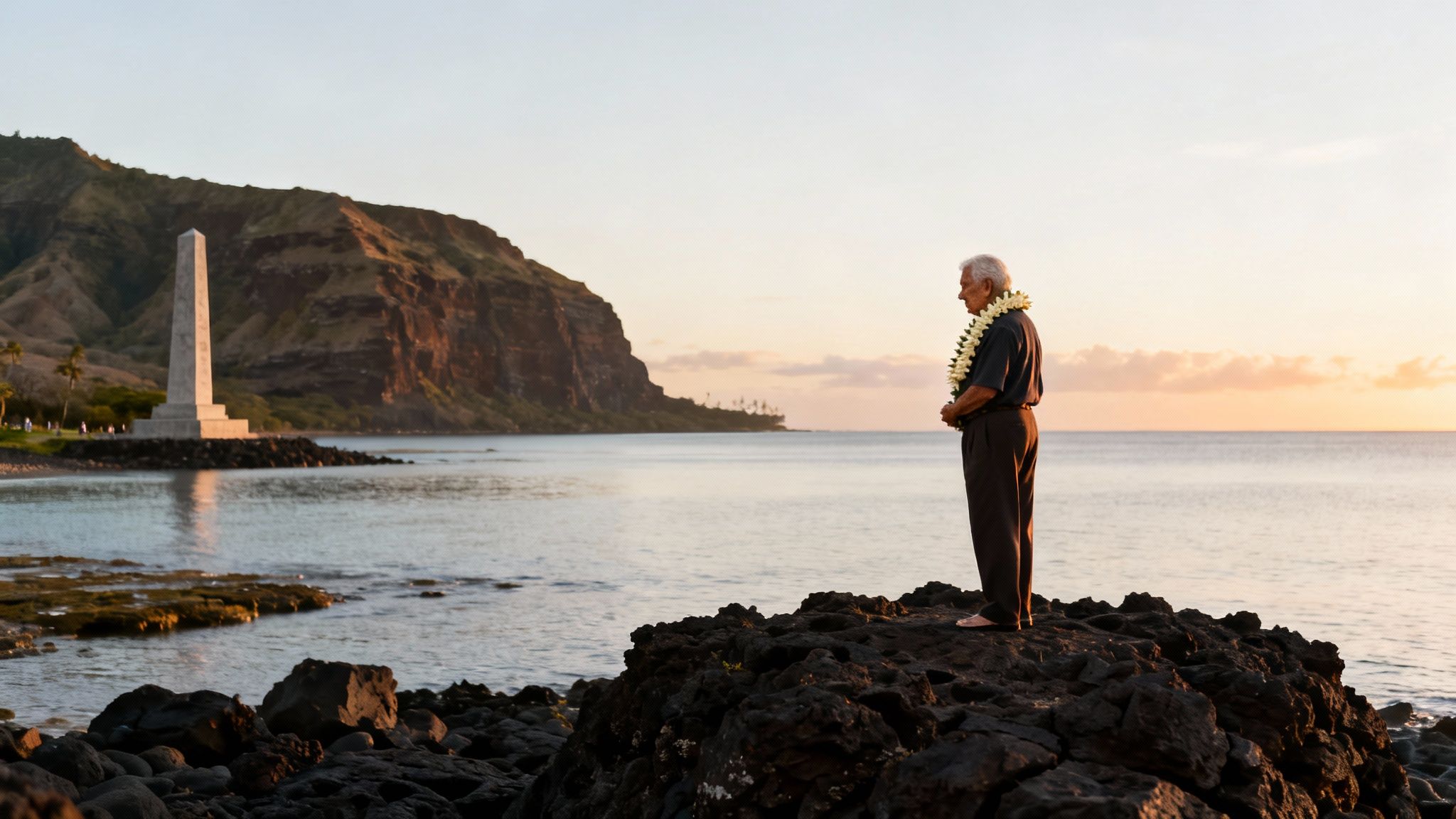 Elderly man wearing a lei stands barefoot on volcanic rocks by the ocean at sunset.