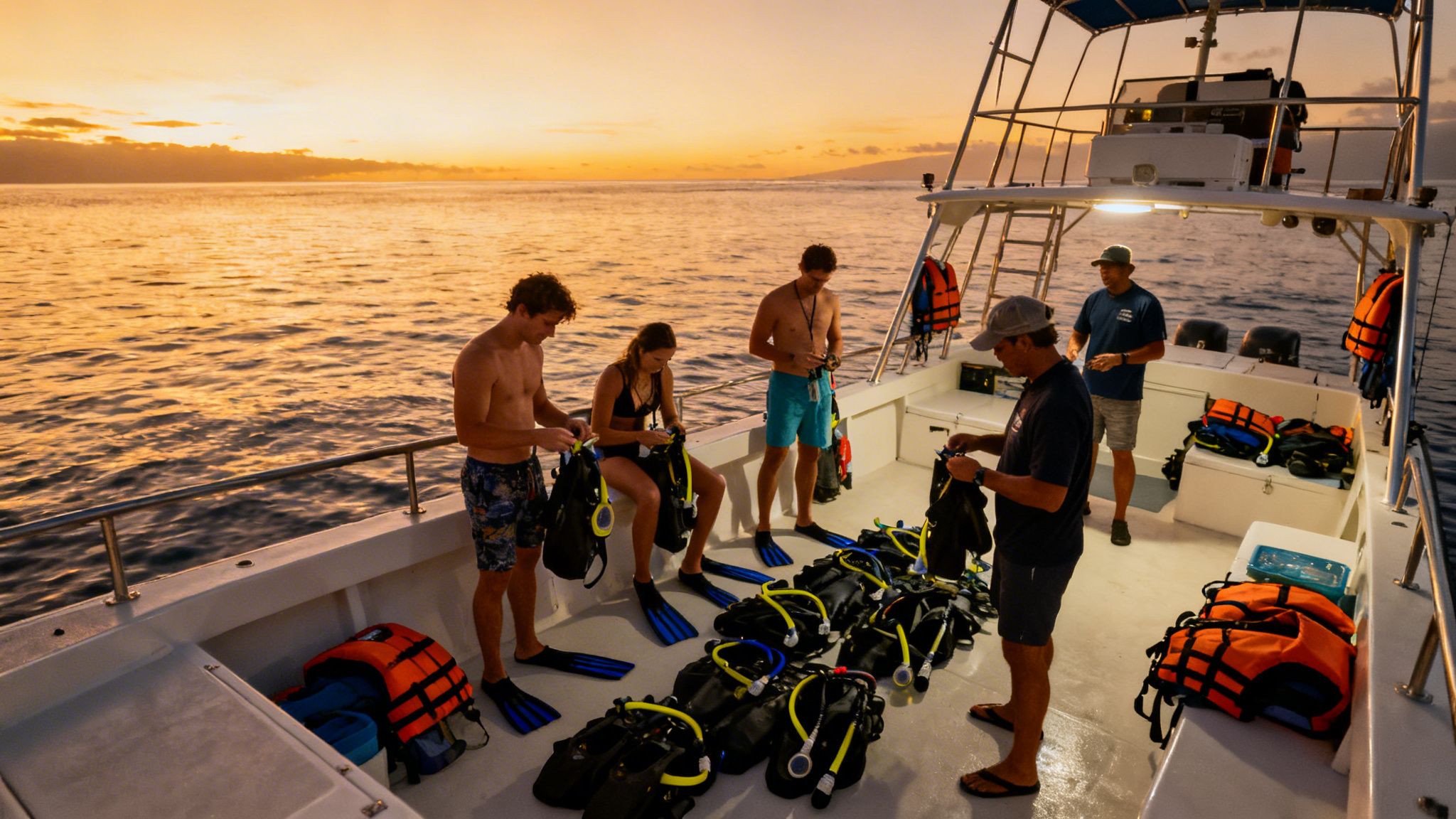 A group of people on a boat at sunset, preparing their scuba diving gear for an ocean adventure.