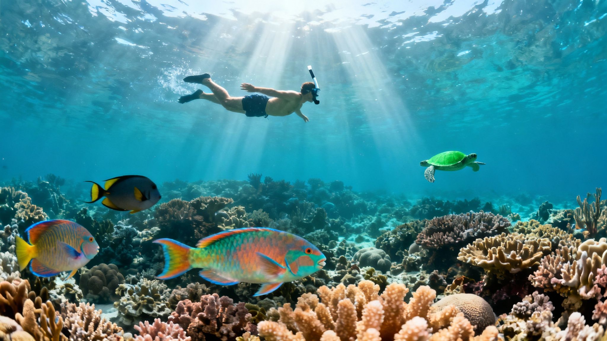 A snorkeler swims above a colorful coral reef, surrounded by tropical fish and a sea turtle.