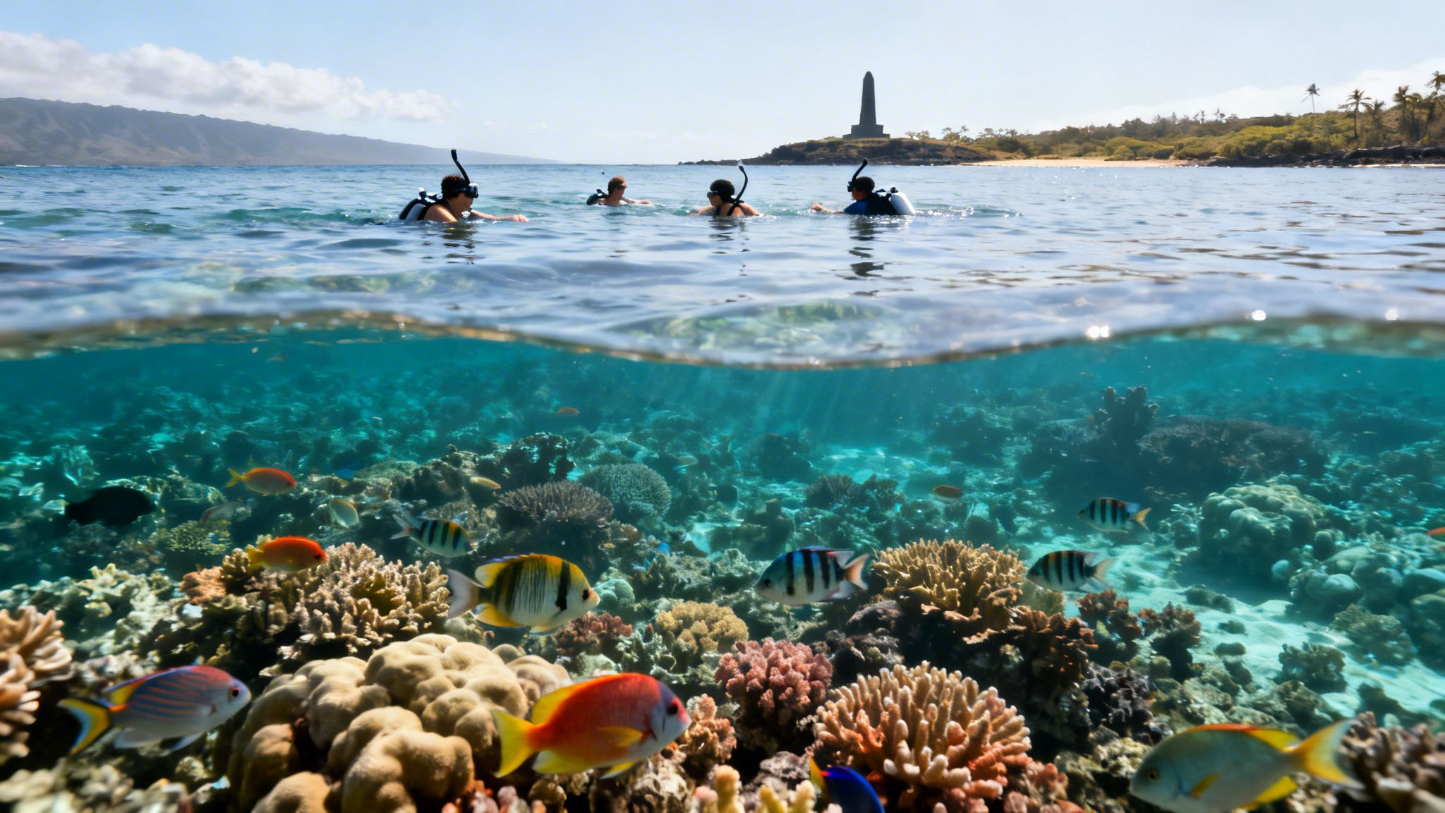 A group of snorkelers swim above a vibrant coral reef teeming with colorful fish near a tropical island.