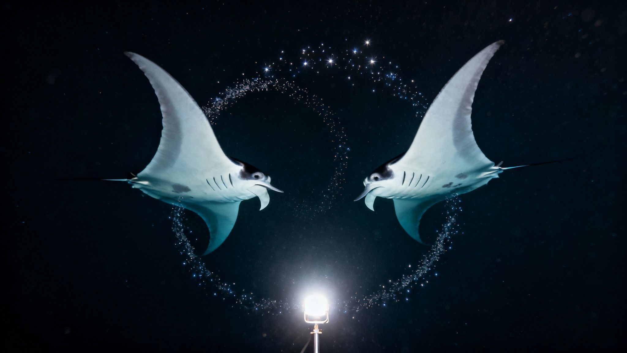 Two majestic manta rays swim gracefully in dark waters, drawn to a bright light.