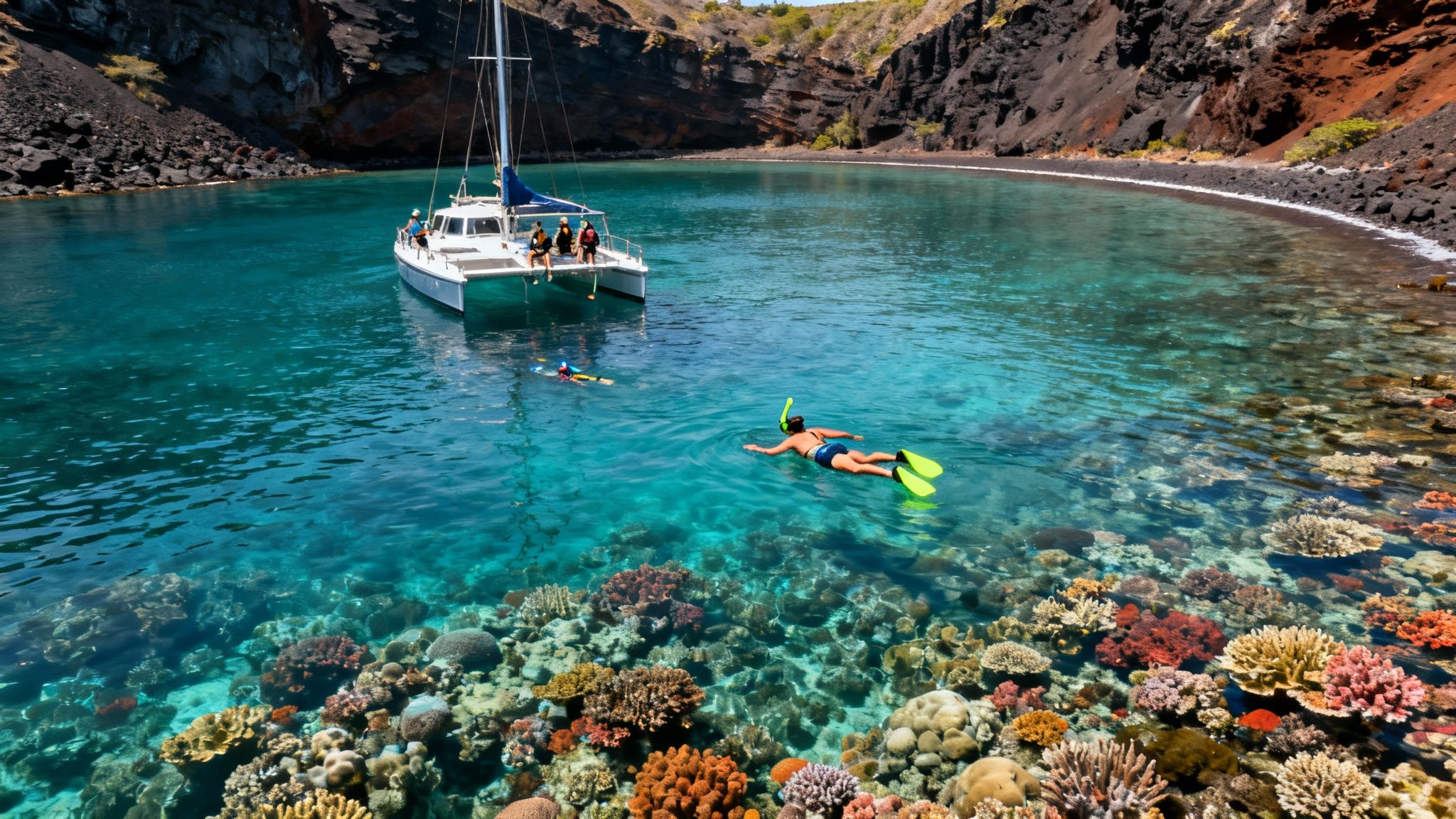 A large group of yellow tang fish swimming over a coral reef in Kealakekua Bay