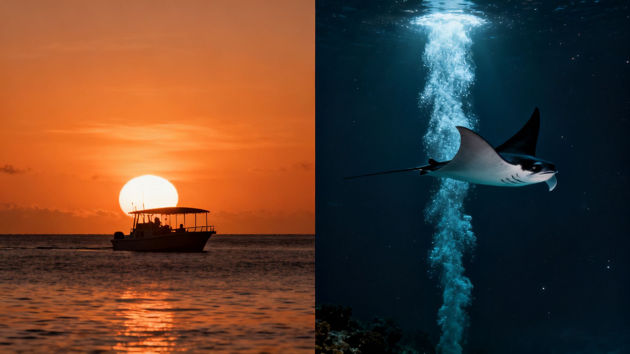 A split image featuring a boat at sunset with an orange sky and a manta ray swimming underwater with bubbles.