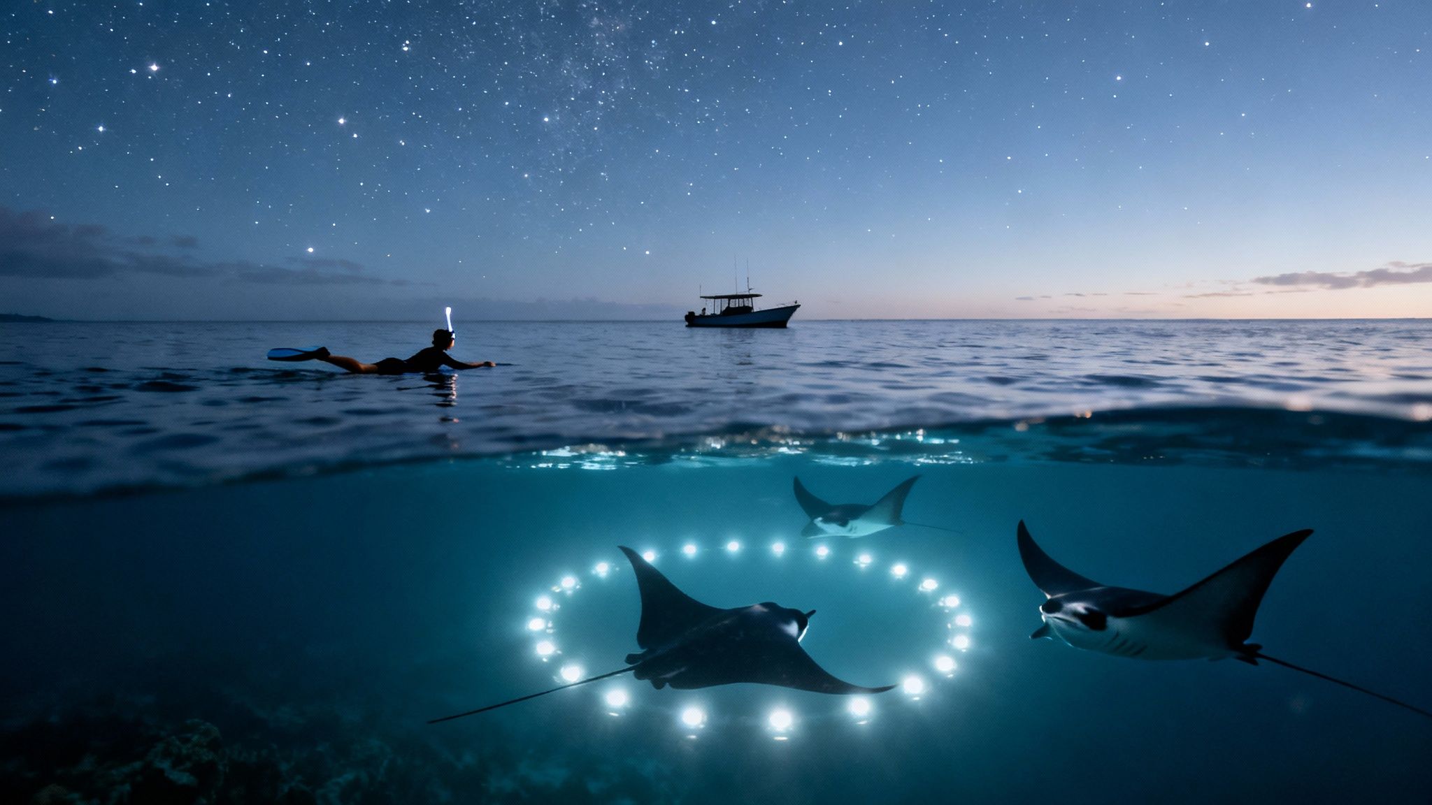 A split image shows a person night snorkeling under a starry sky with manta rays and lights underwater.