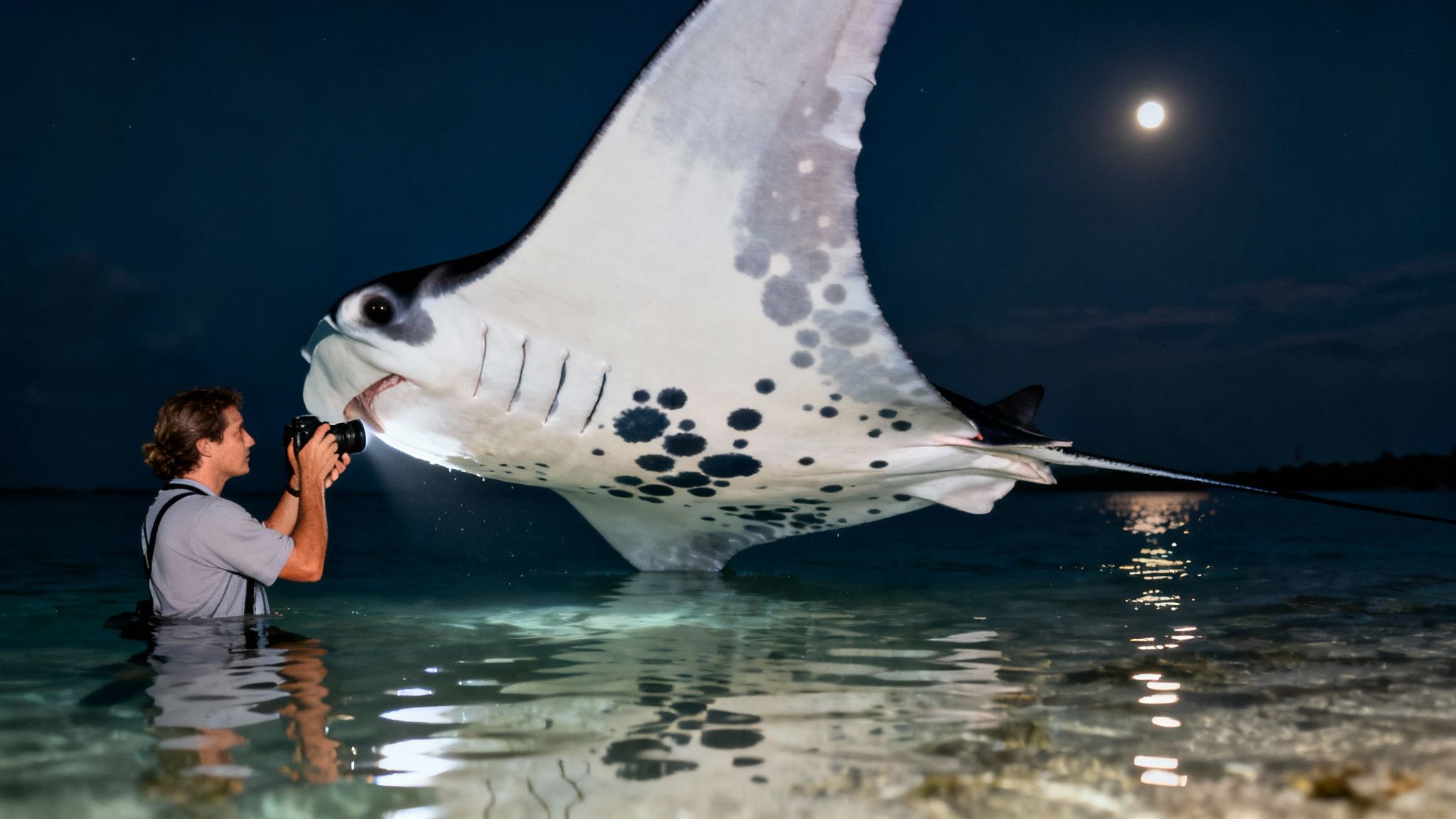 Photographer illuminates a majestic manta ray in shallow ocean water at night, with a full moon visible.