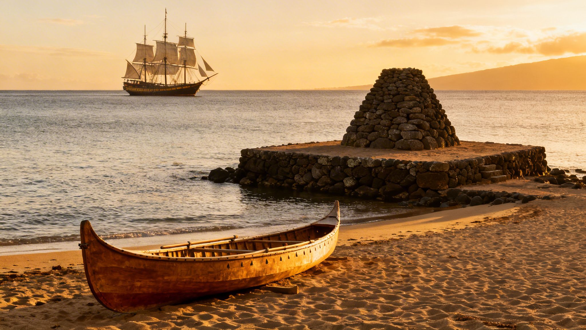 A wooden canoe on a sandy beach with a stone monument and a tall ship at sunset.