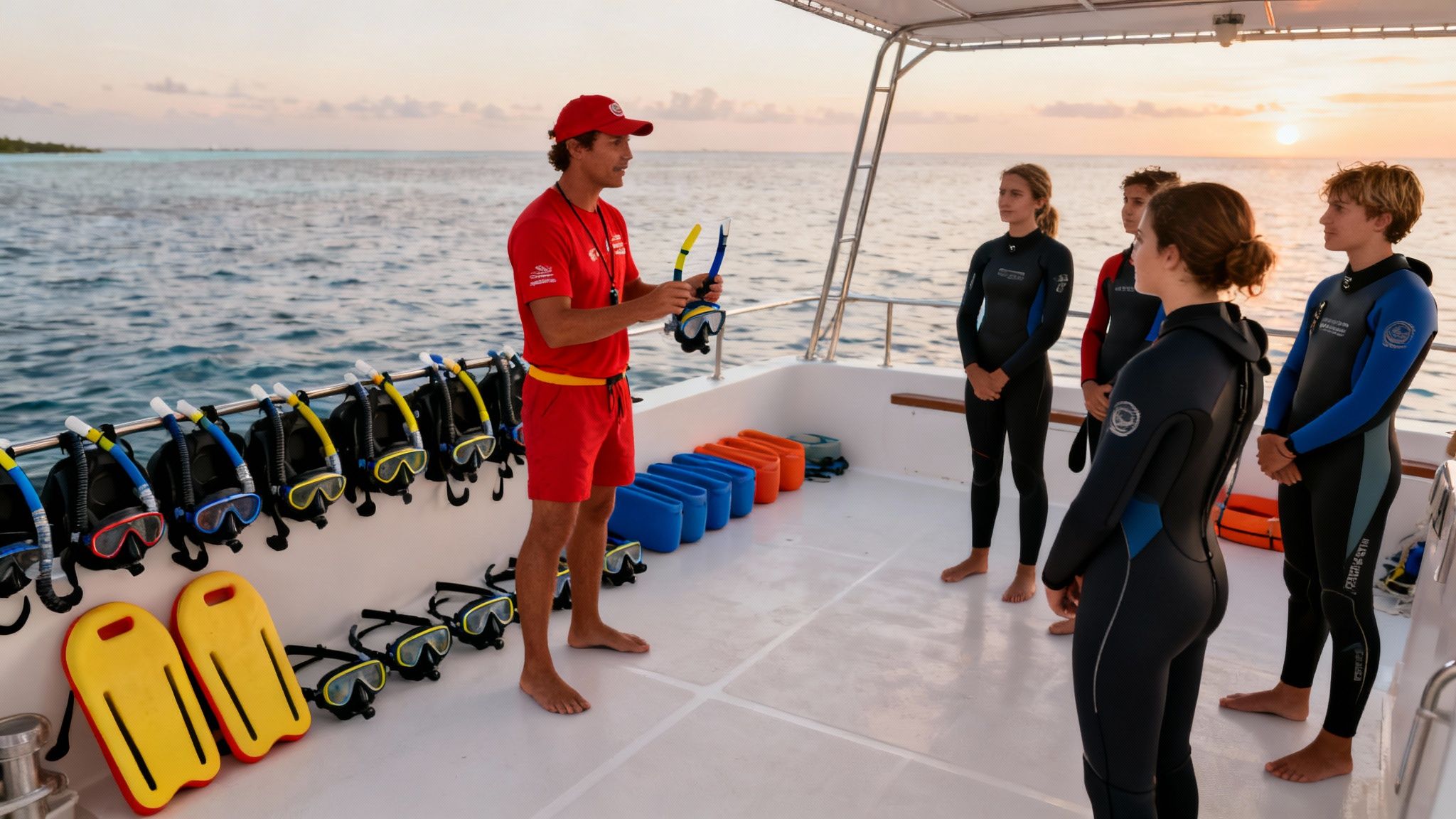 Instructor explaining snorkeling gear to students in wetsuits on a boat at sunset.