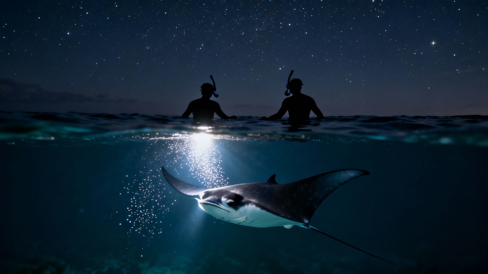 Two snorkelers observe a majestic manta ray illuminated by light underwater at night under a starry sky.