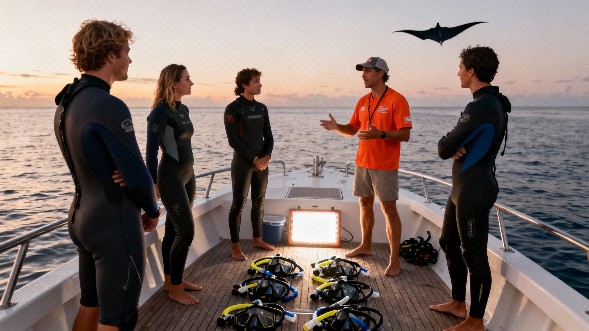 Snorkelers on a boat at sunset getting instructions for a manta ray encounter, gear ready.