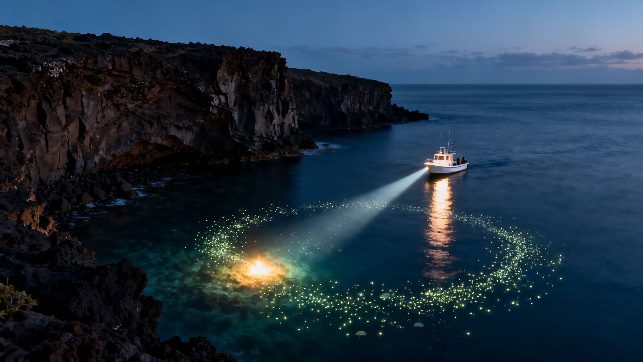 A boat illuminates circular patterns of glowing lights in the ocean near dark cliffs at dusk.