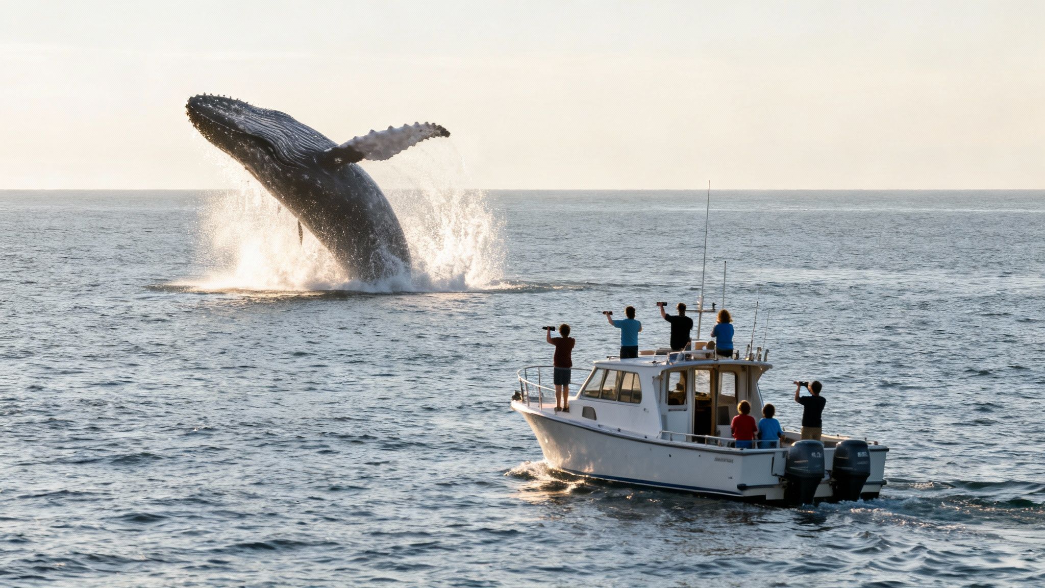 A humpback whale breaches spectacularly from the ocean near a boat with watching tourists.