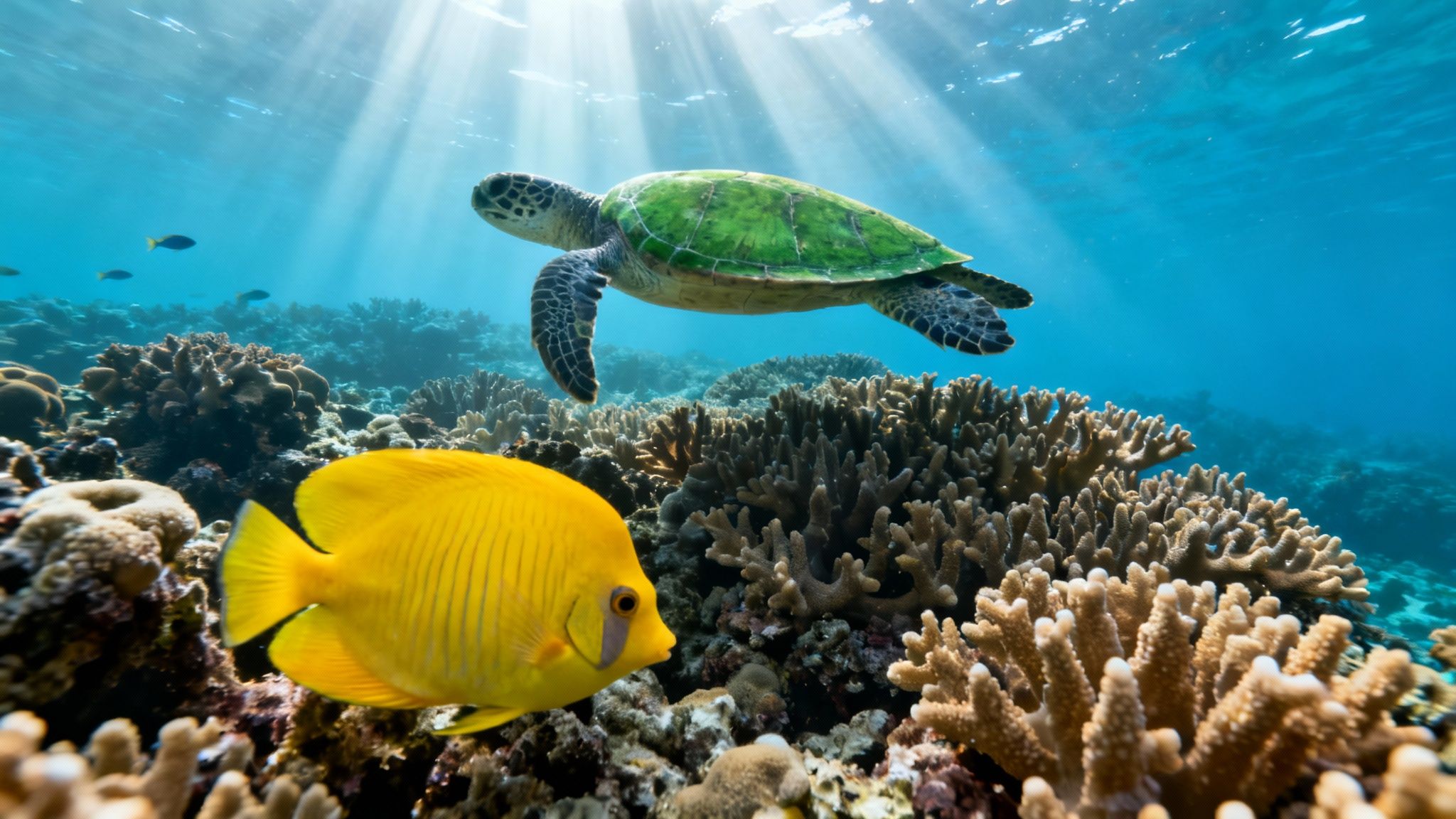 An underwater scene with a green sea turtle, a vibrant yellow fish, and diverse coral reefs under sun rays.