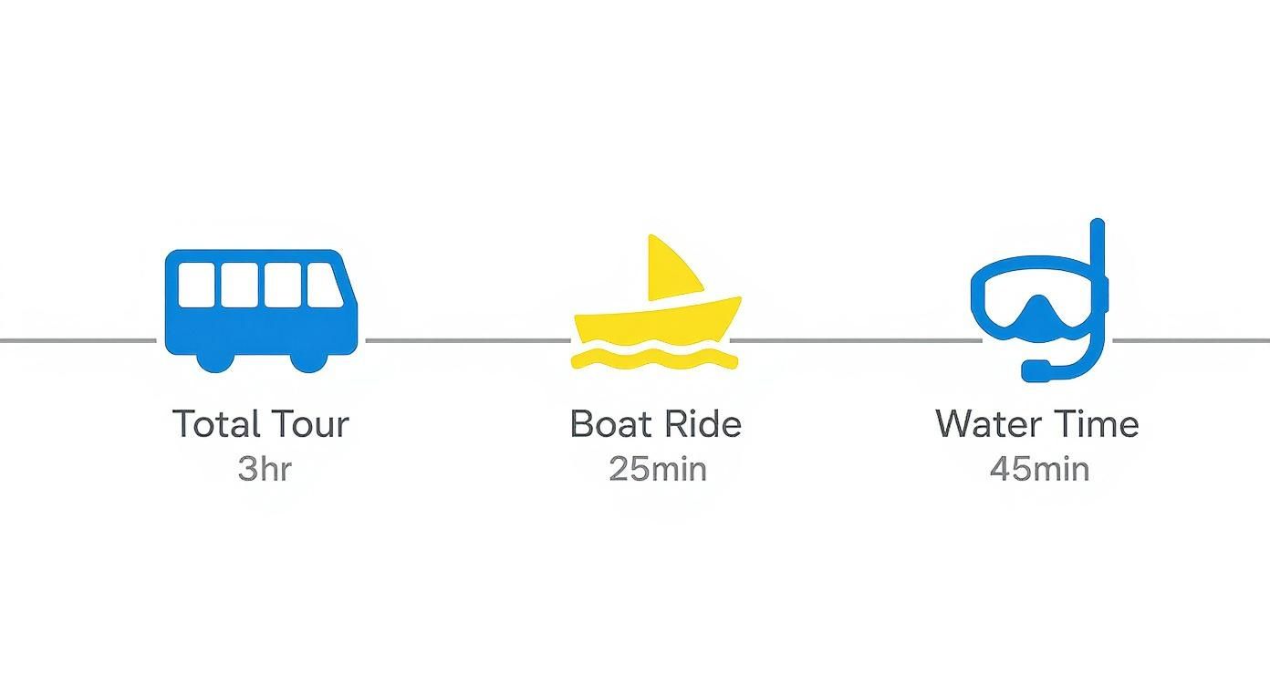 Tour itinerary infographic showing a bus tour (3hr), boat ride (25min), and water time (45min).