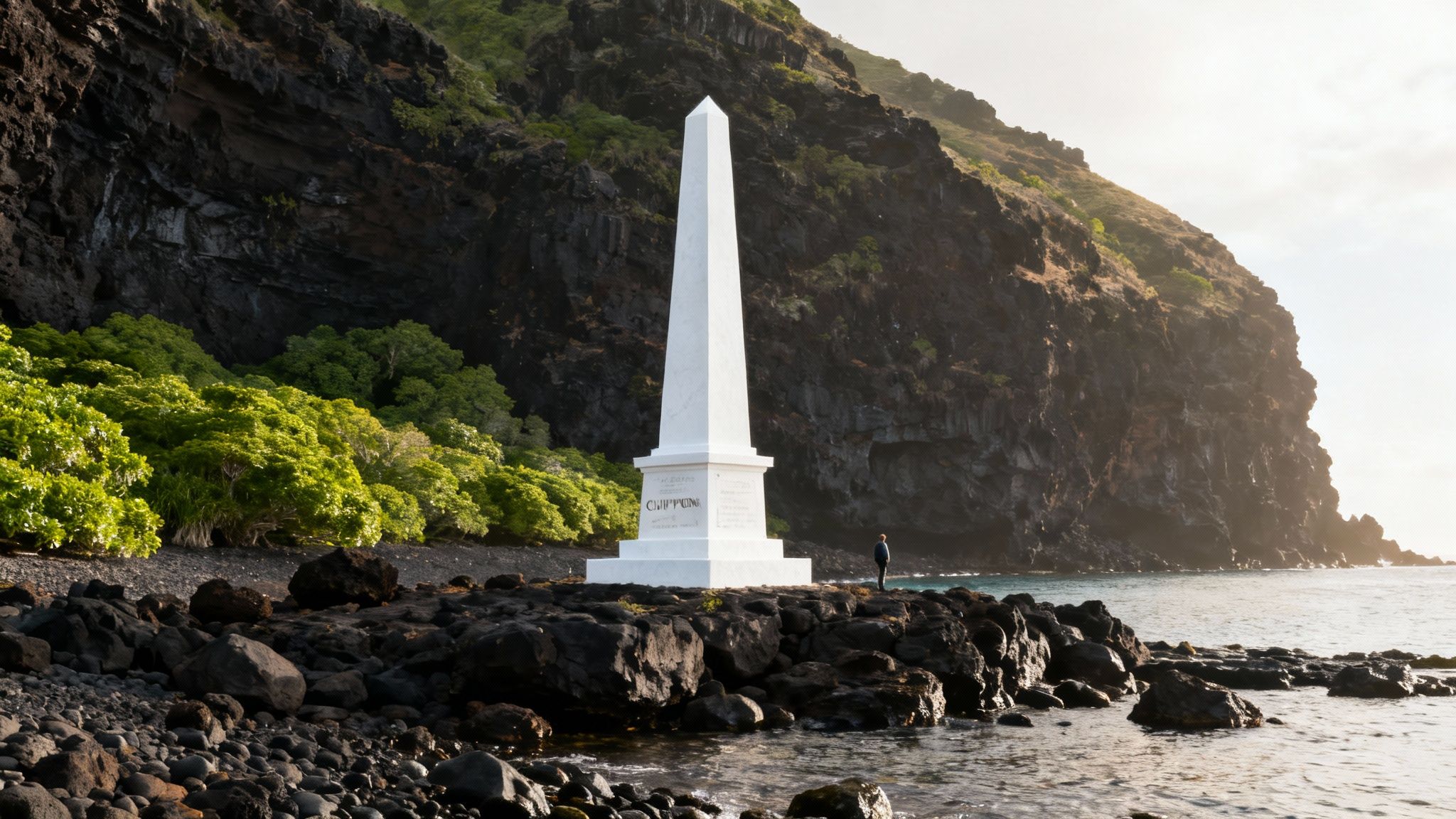A tall white Captain Cook monument stands on a rocky beach surrounded by cliffs and the sea.